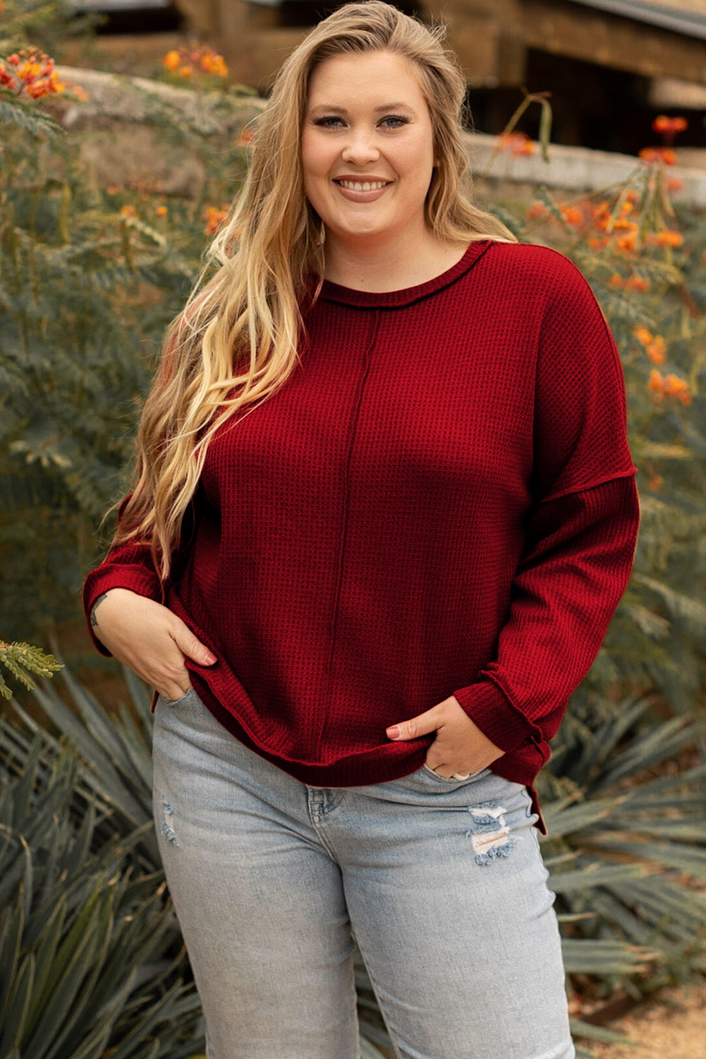 Gold Flame Exposed Seam Detail Waffle Knit Plus Size Top