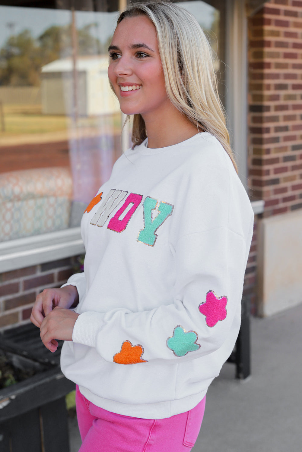 Black Glitter Howdy Patch Graphic Casual Sweatshirt