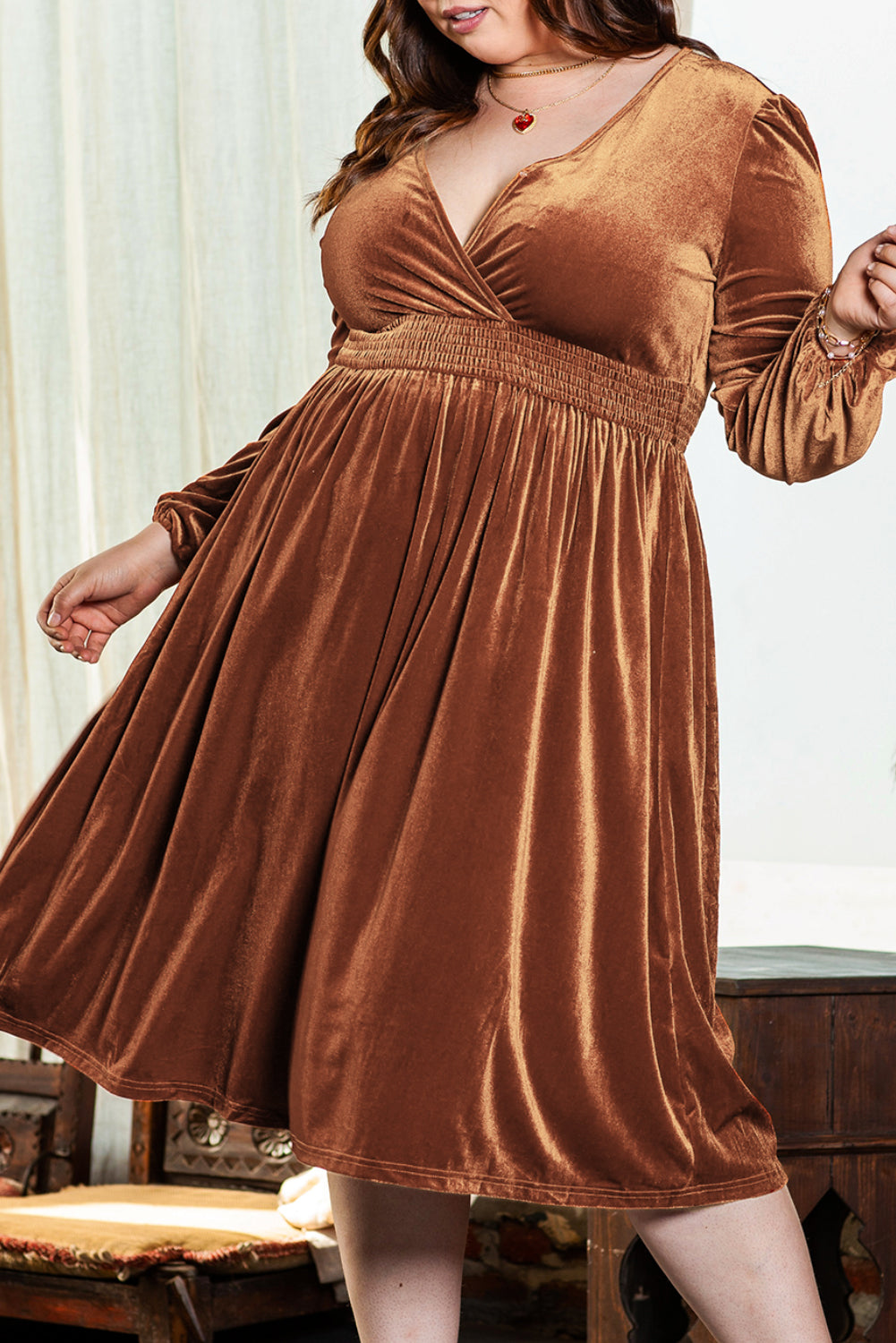Camel Wrap V Neck Smocked High Waist Velvet Midi Dress