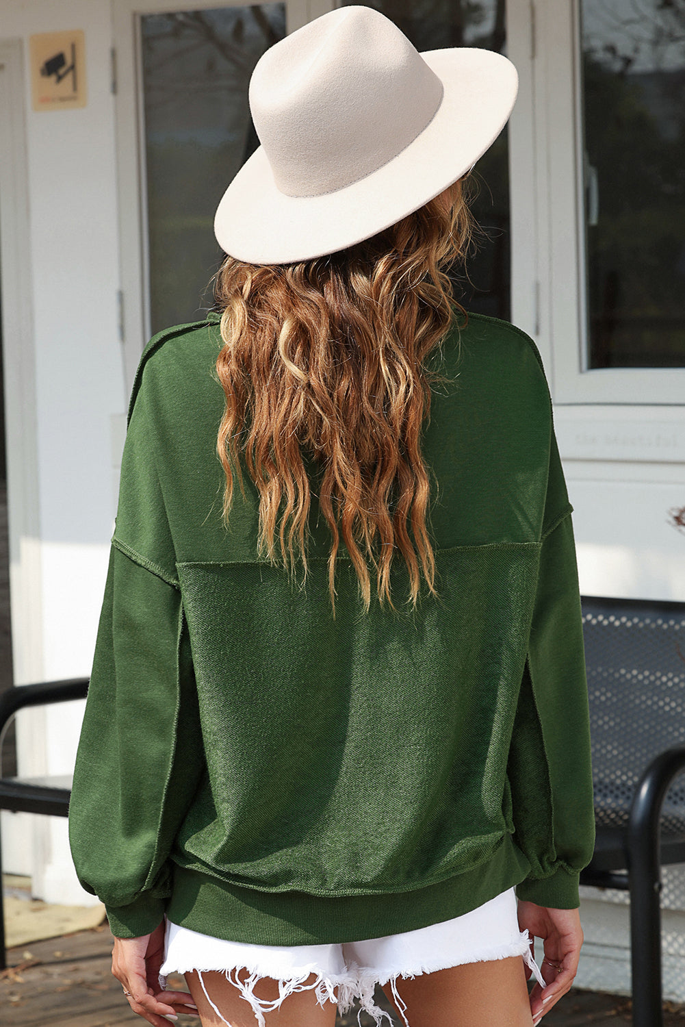 Black Drop Shoulder Henley Buttons Sweatshirt