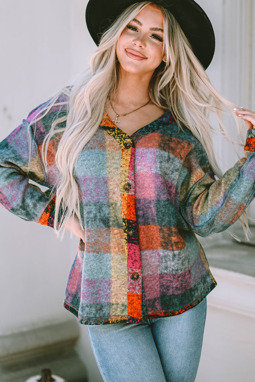 Multicolor Brushed Plaid Buttoned Pullover Oversized Hoodie