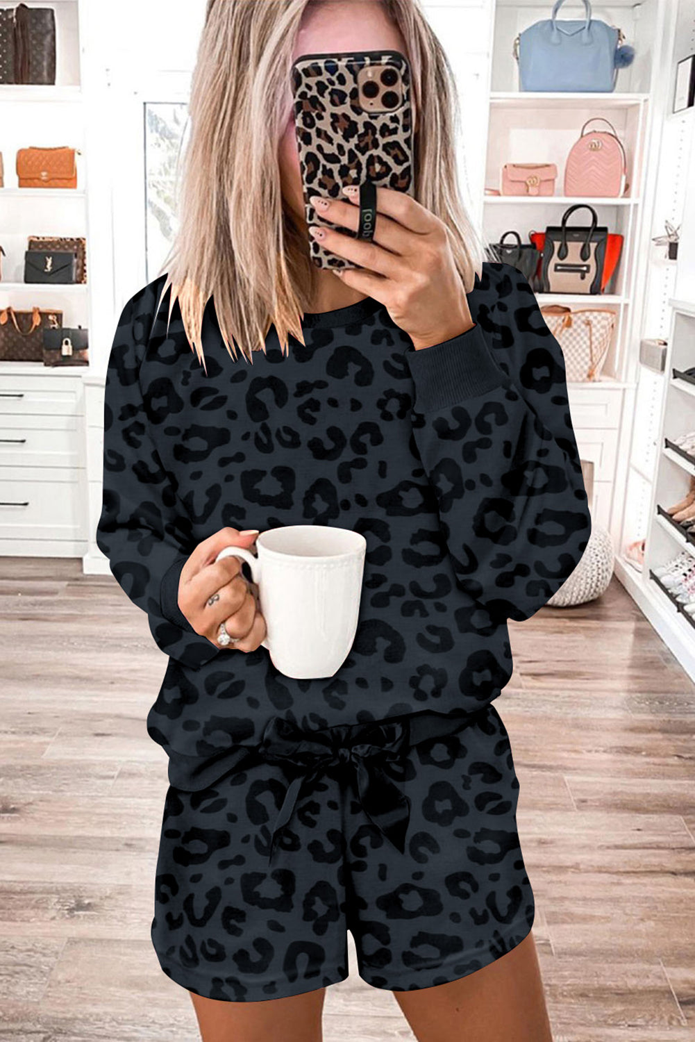 Leopard Print Zipped Split Neck Drawstring Pants Set