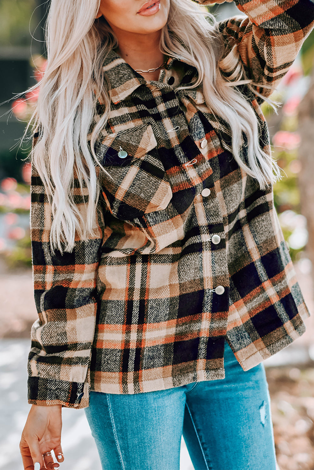 Navy Blue Plus Size Plaid Flap Pocket Shacket