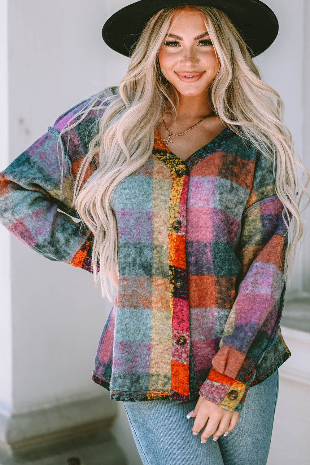 Multicolor Brushed Plaid Buttoned Pullover Oversized Hoodie