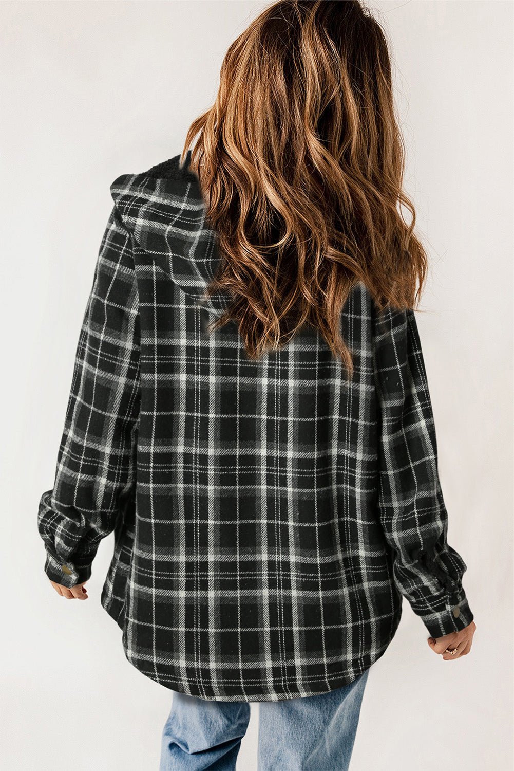 Orange Plaid Pattern Sherpa Lined Hooded Shacket