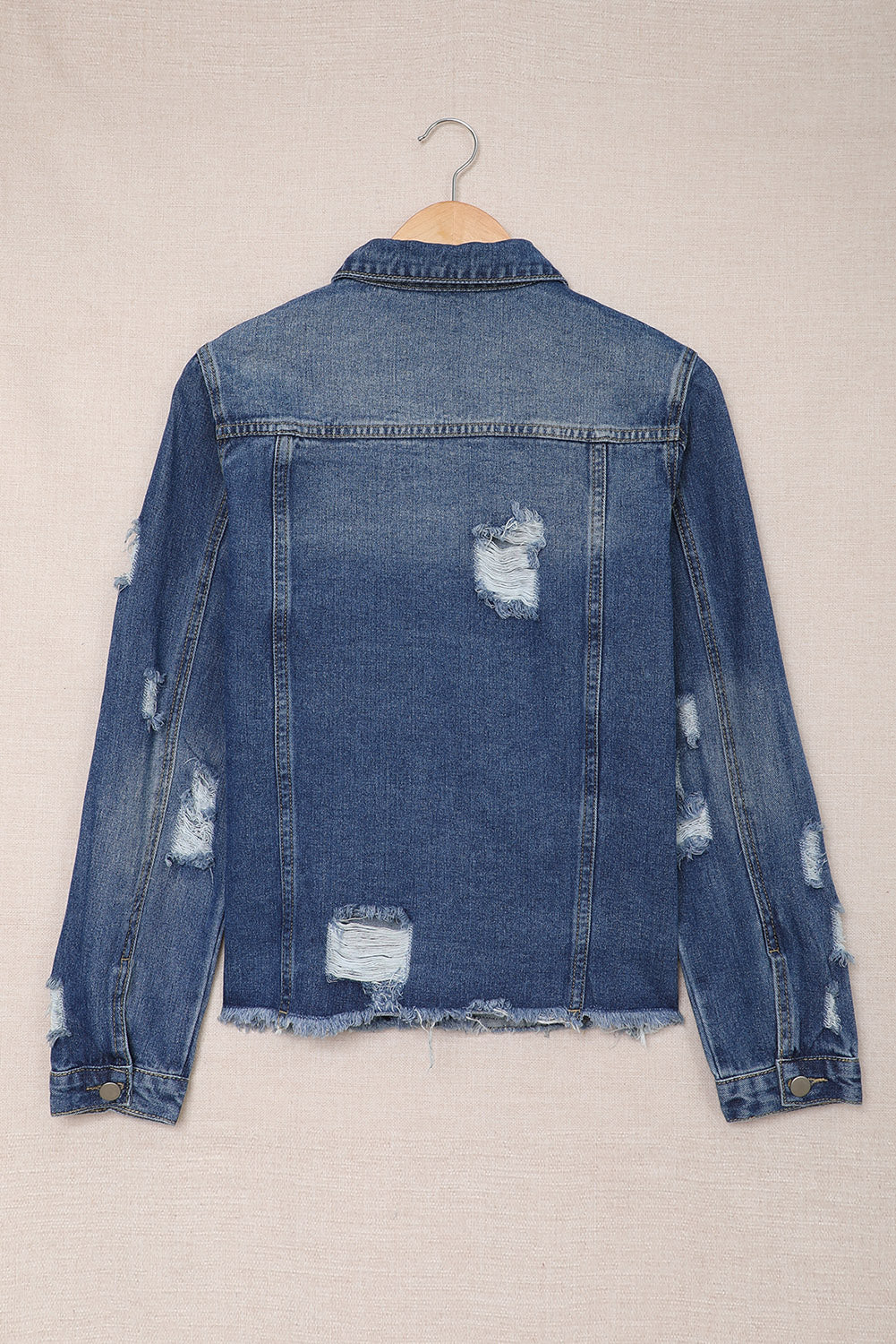 Dark Blue Plus Size Distressed Flap Pocket Denim Jacket