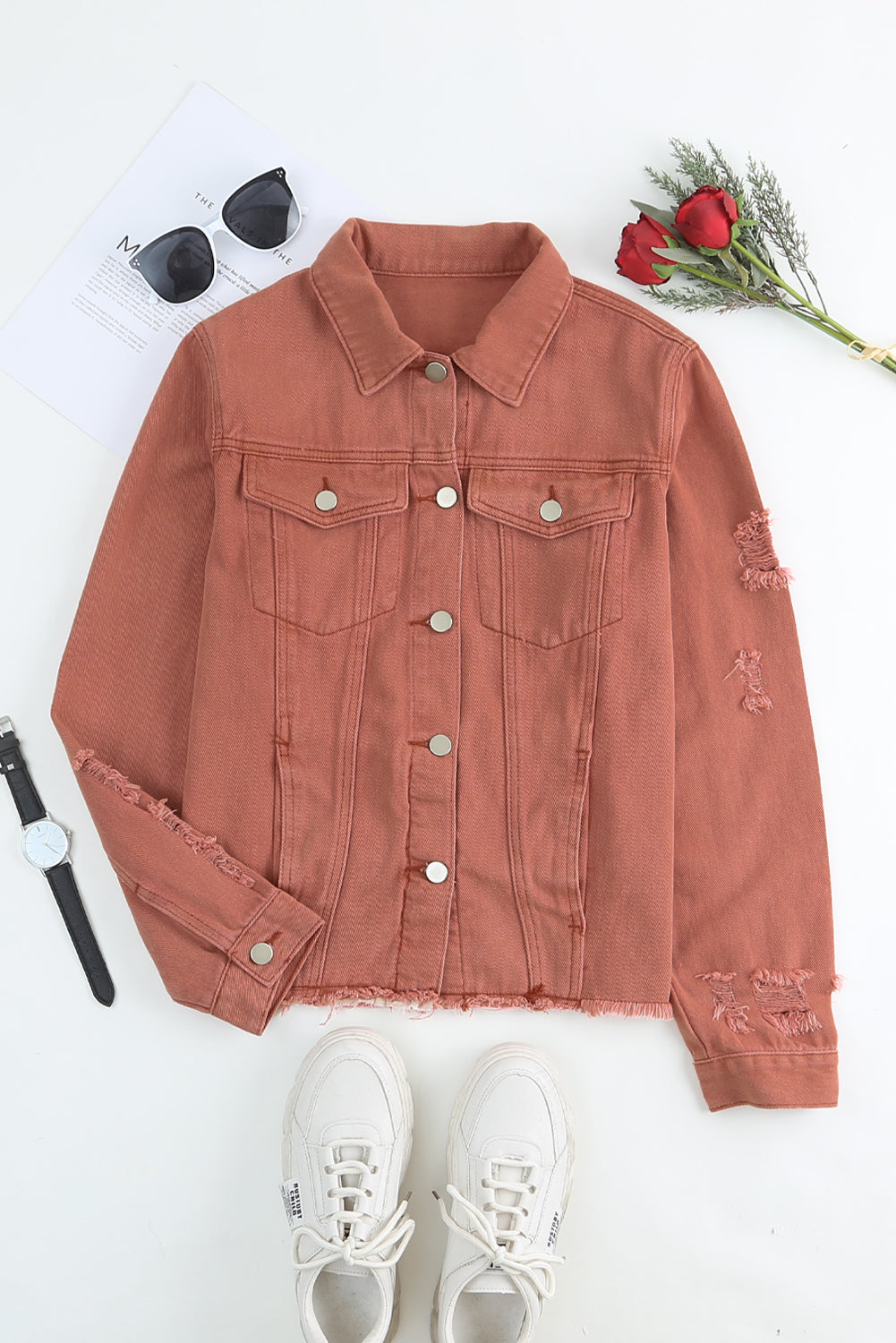 Dark Blue Plus Size Distressed Flap Pocket Denim Jacket