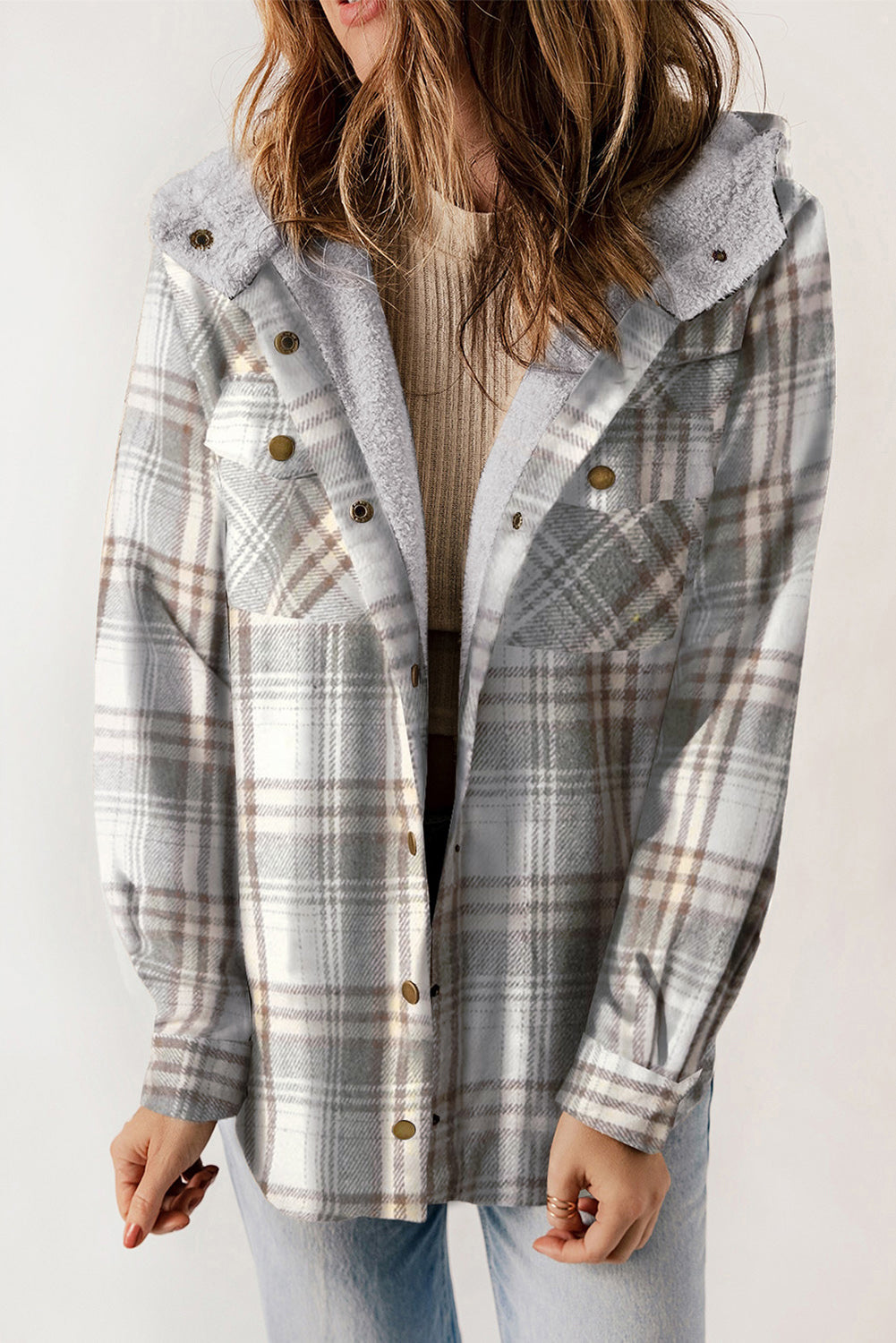 Orange Plaid Pattern Sherpa Lined Hooded Shacket