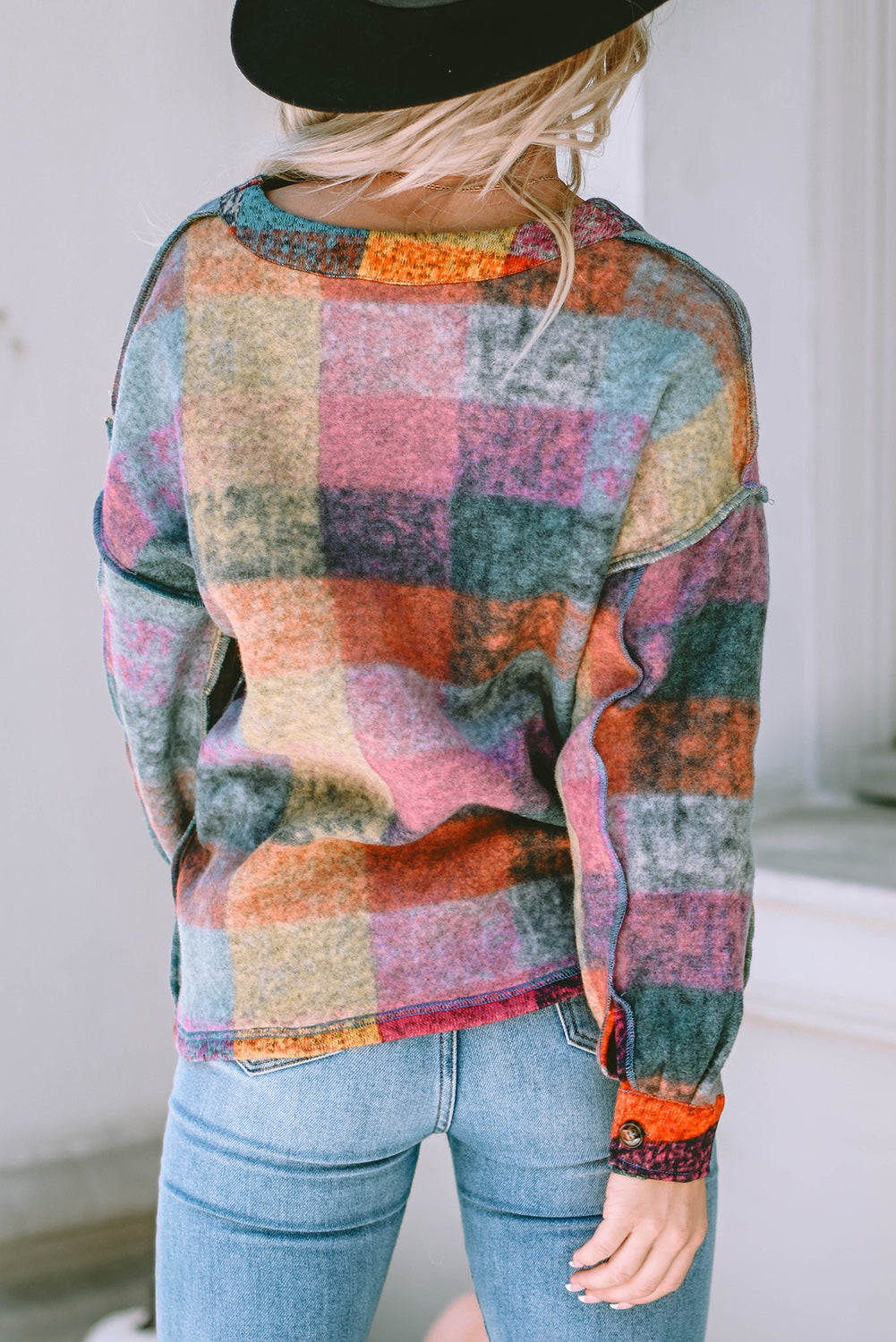 Multicolor Brushed Plaid Buttoned Pullover Oversized Hoodie