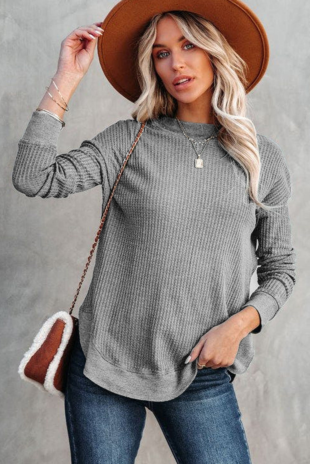 Pink Crew Neck Ribbed Trim Waffle Knit Top