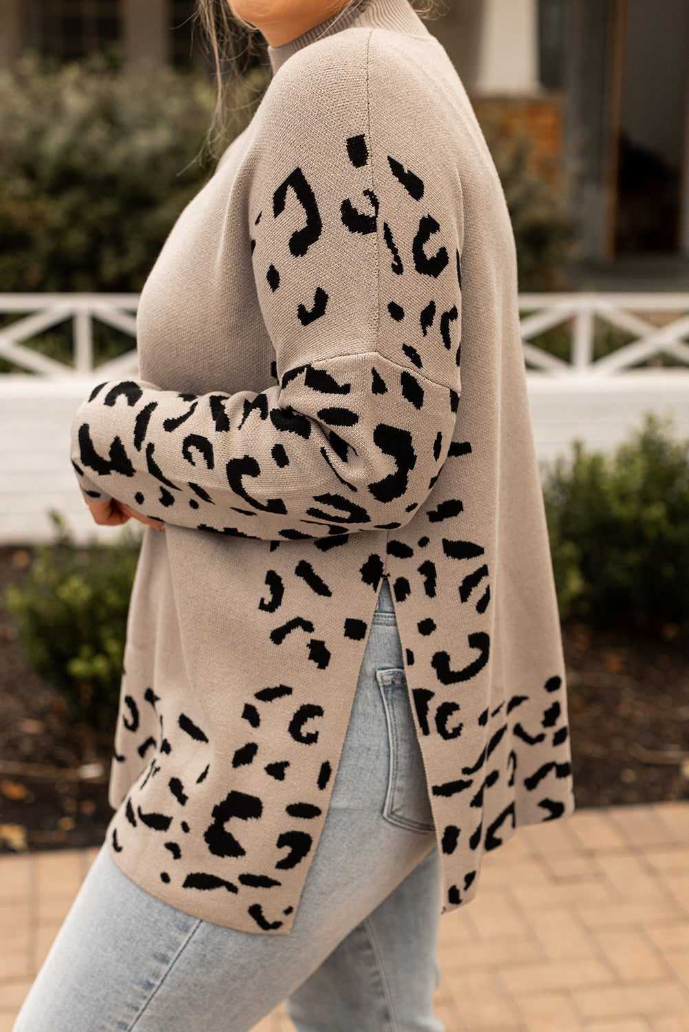 Khaki Leopard High Neck Side Slit Oversized Sweater