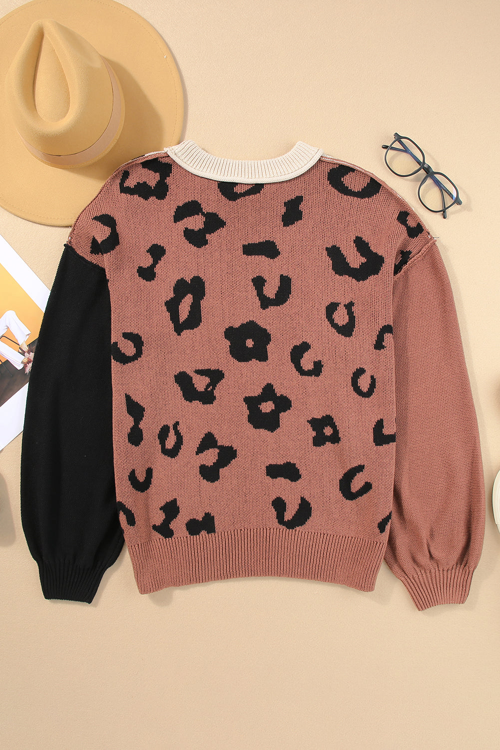 Coffee Colorblock Bishop Sleeve Ribbed Trim Sweater