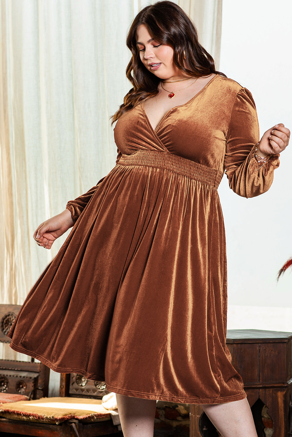 Camel Wrap V Neck Smocked High Waist Velvet Midi Dress
