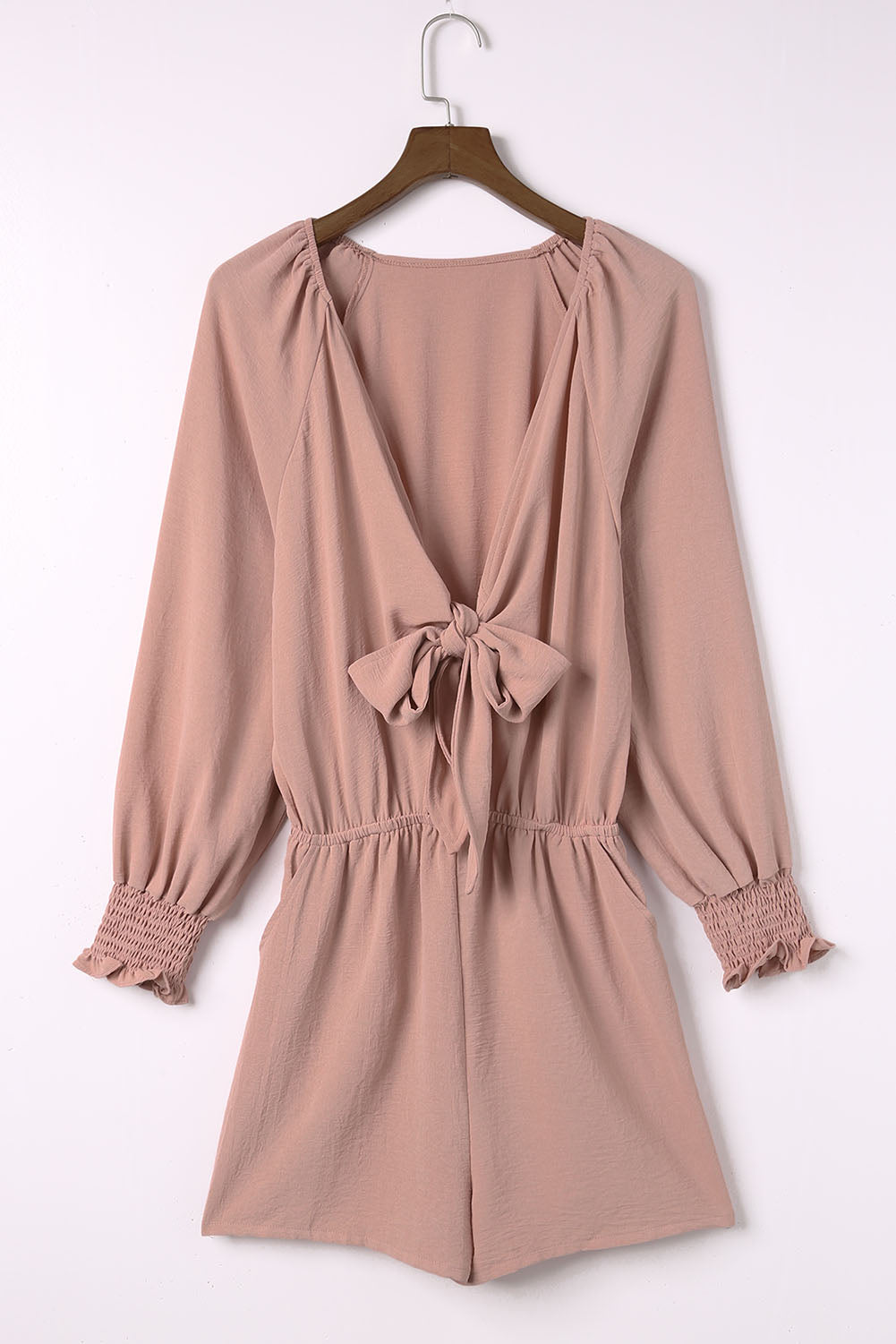 Navy Tie Knot Puff Long Sleeve Romper