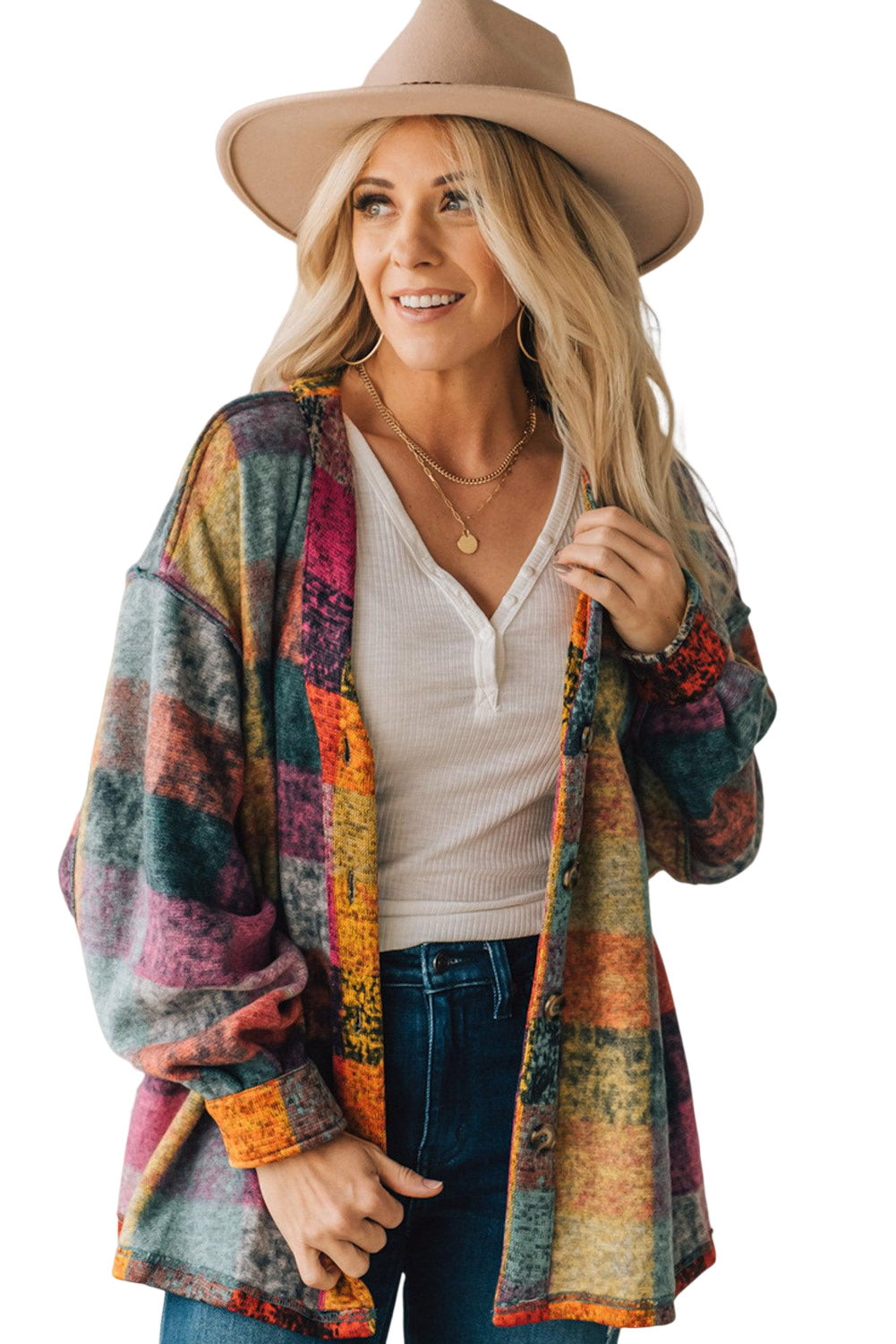 Multicolor Brushed Plaid Buttoned Pullover Oversized Hoodie
