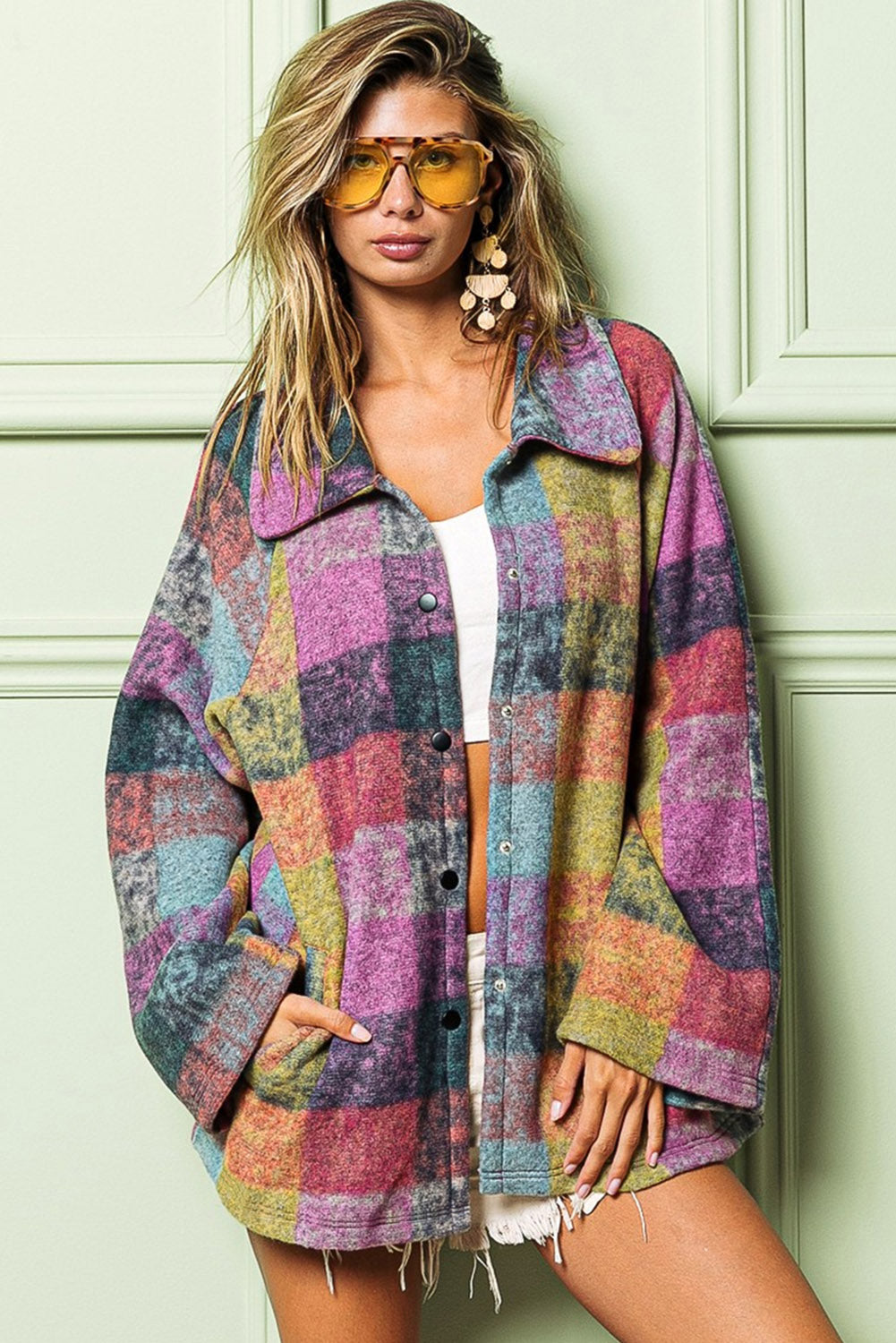 Multicolor Brushed Plaid Buttoned Pullover Oversized Hoodie