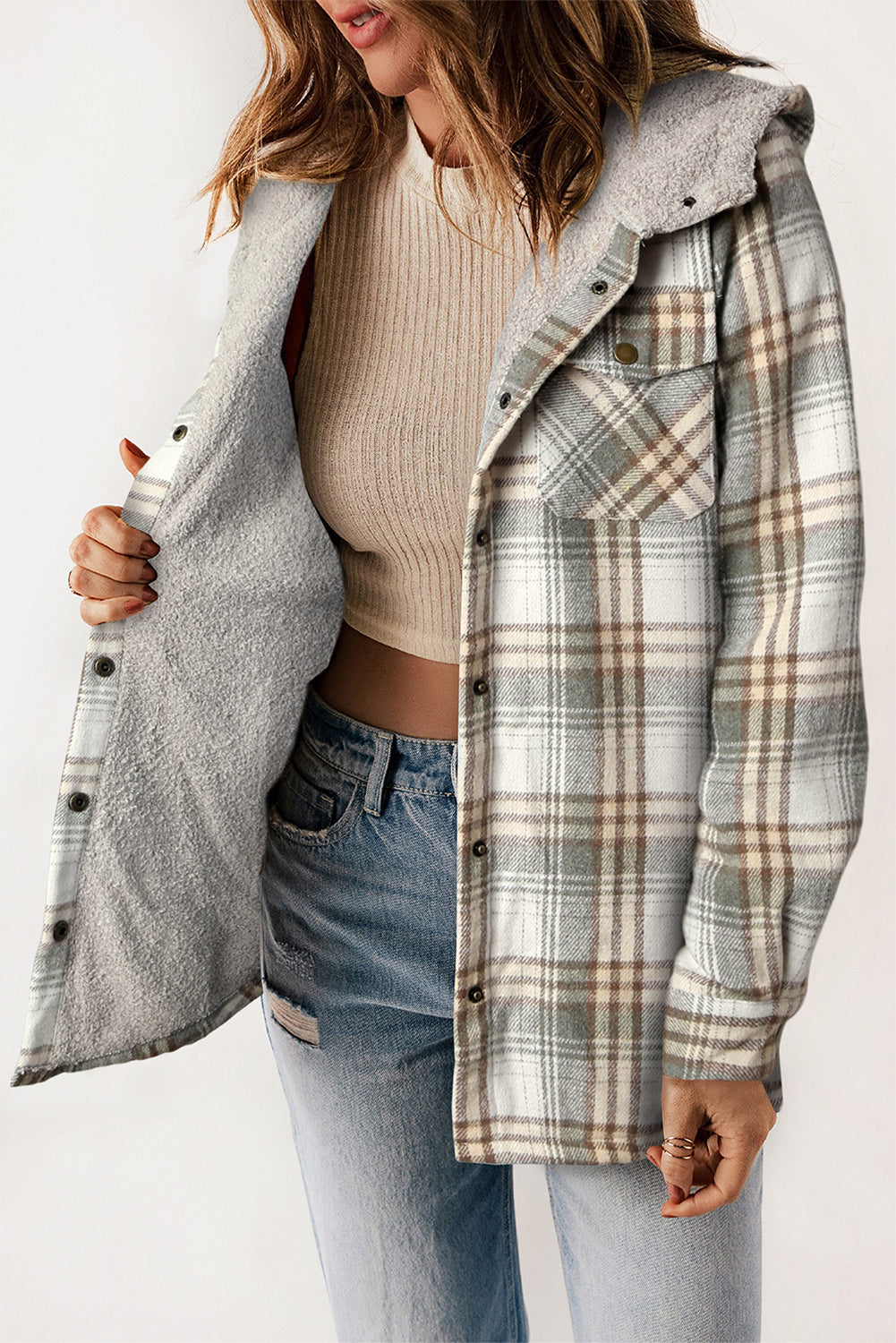 Orange Plaid Pattern Sherpa Lined Hooded Shacket