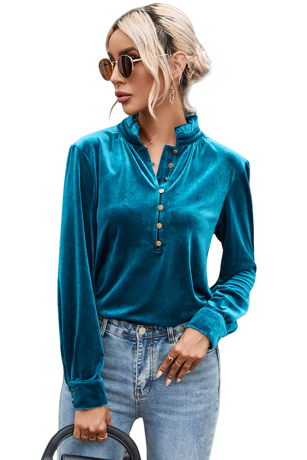 Burgundy Frilled Neck Buttoned Front Velvet Top