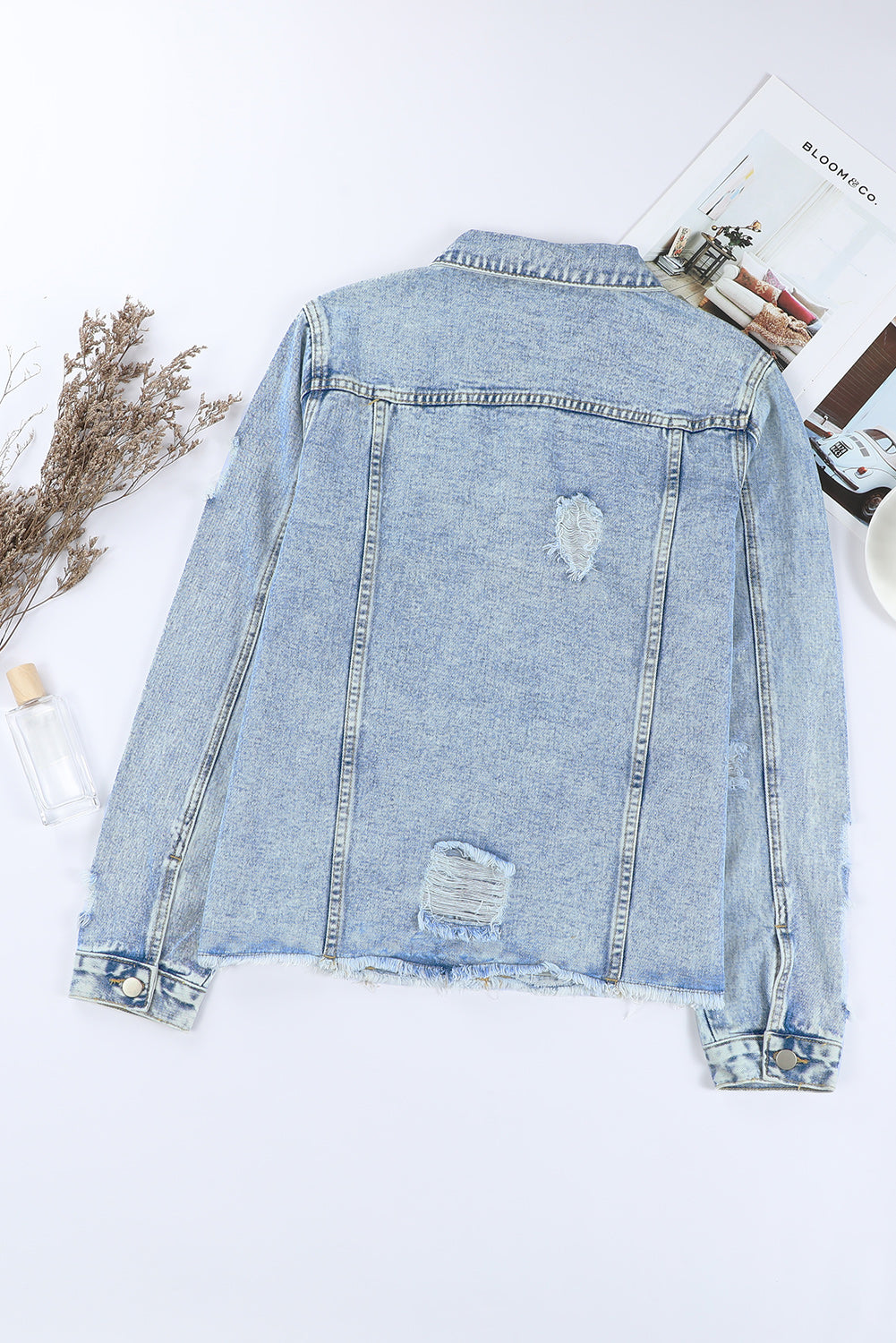 Dark Blue Plus Size Distressed Flap Pocket Denim Jacket