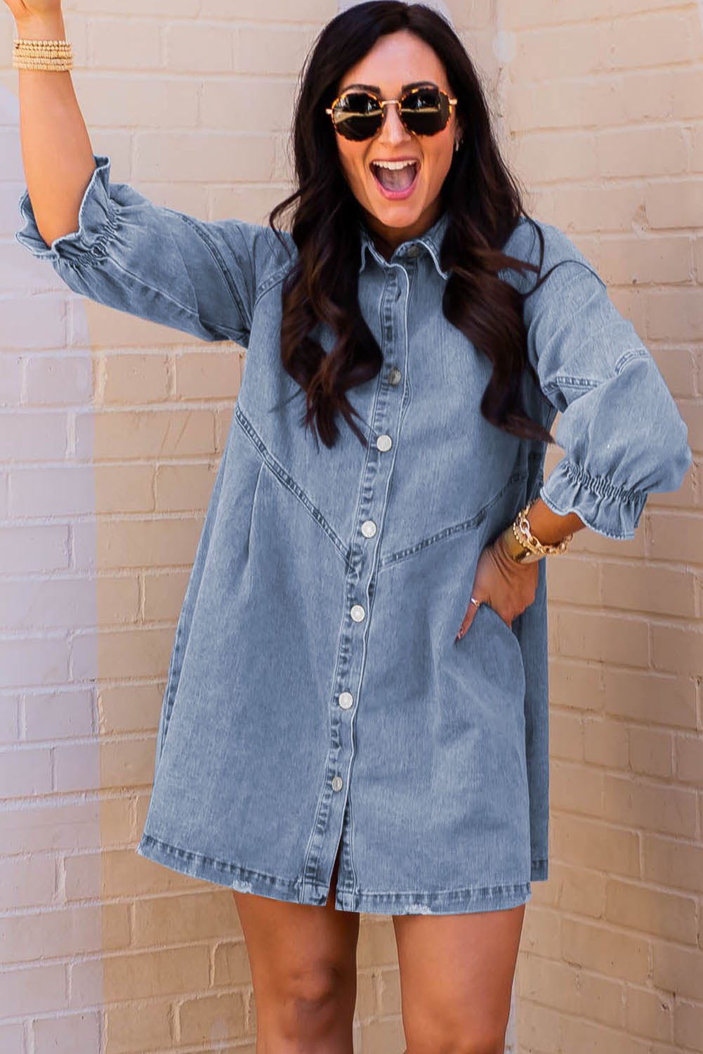 Gray Sequin Nutcracker Graphic Long Sleeve Shirt Denim Dress