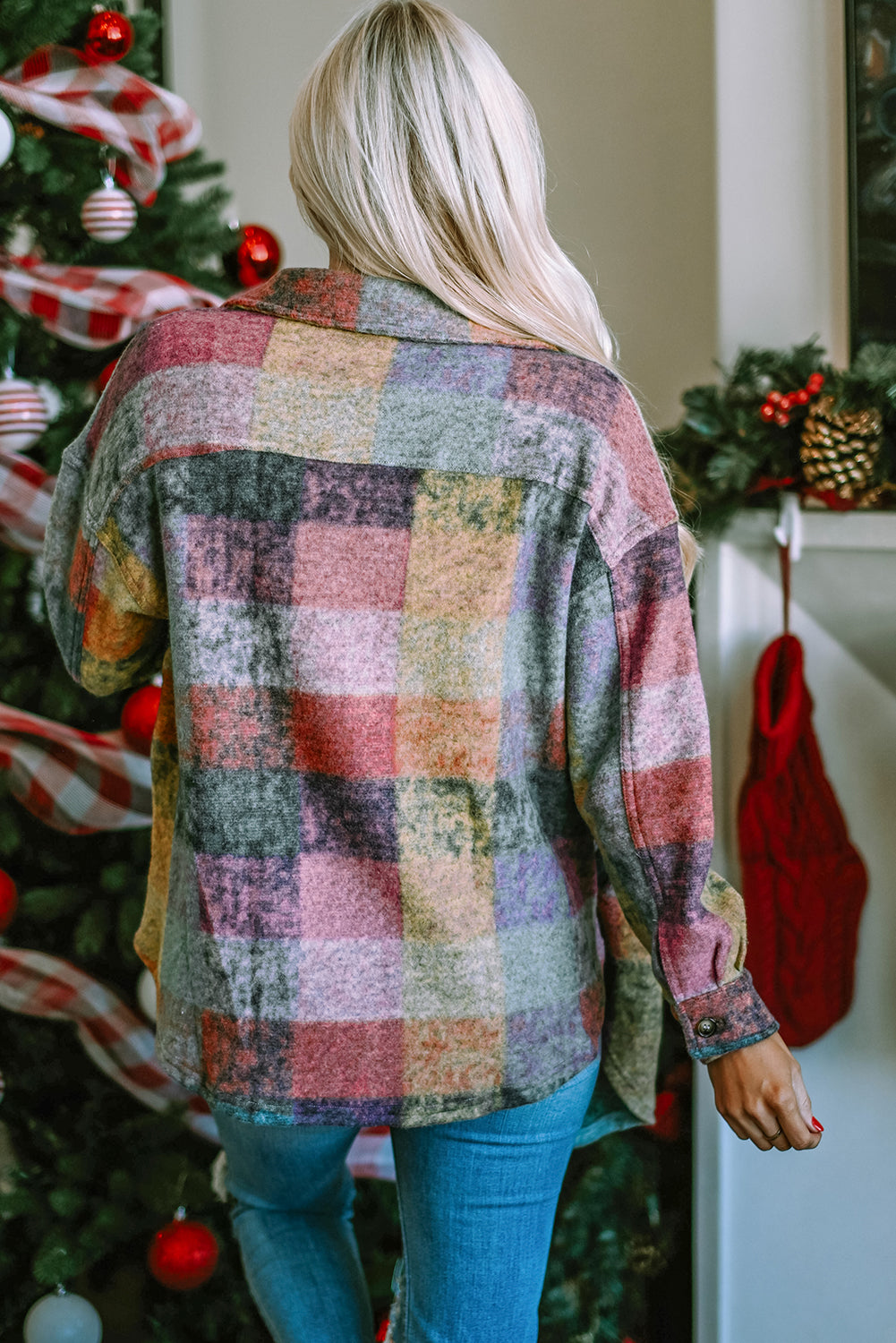 Multicolor Brushed Plaid Buttoned Pullover Oversized Hoodie