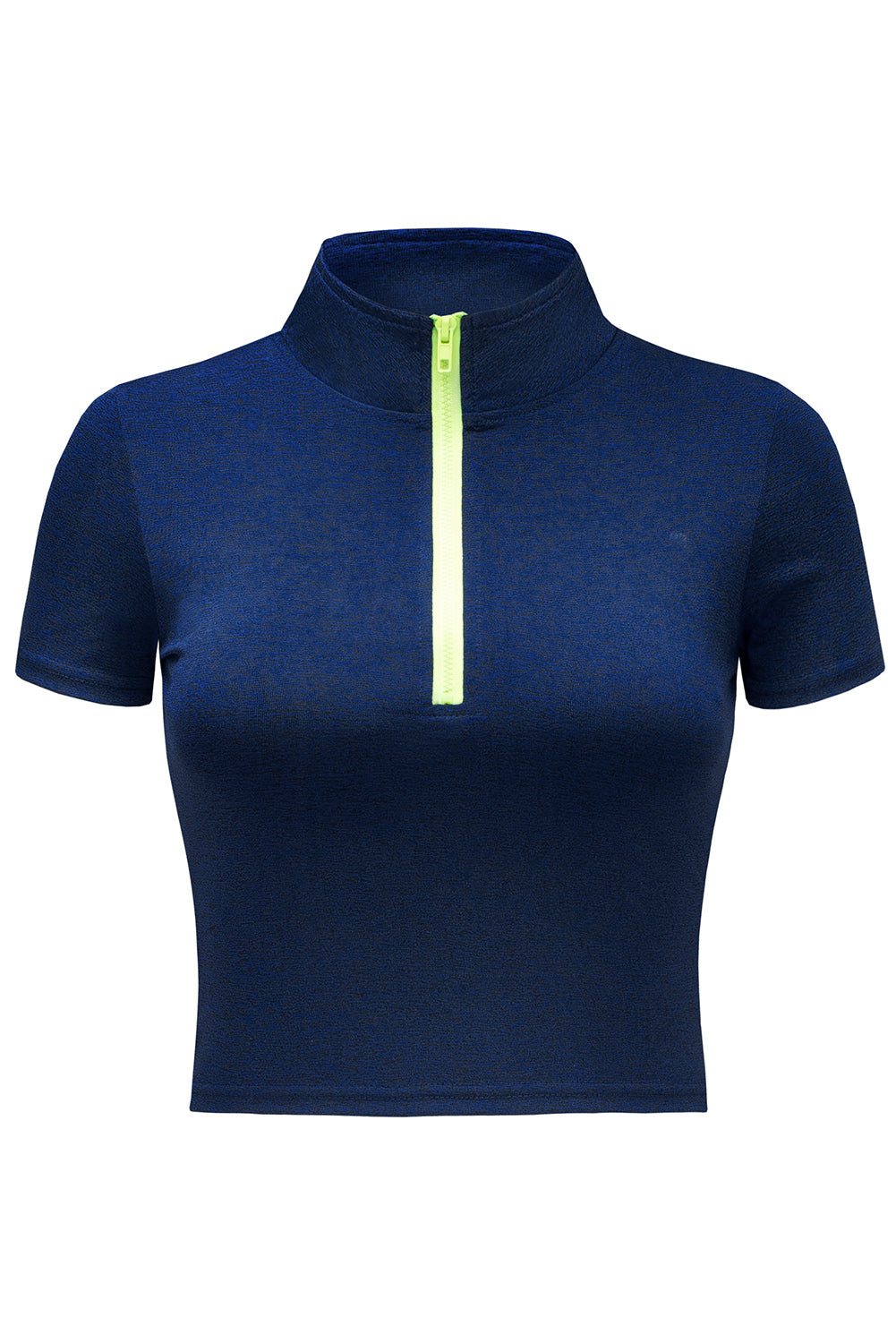 Blue Half Zipper Short Sleeve Active Crop Top