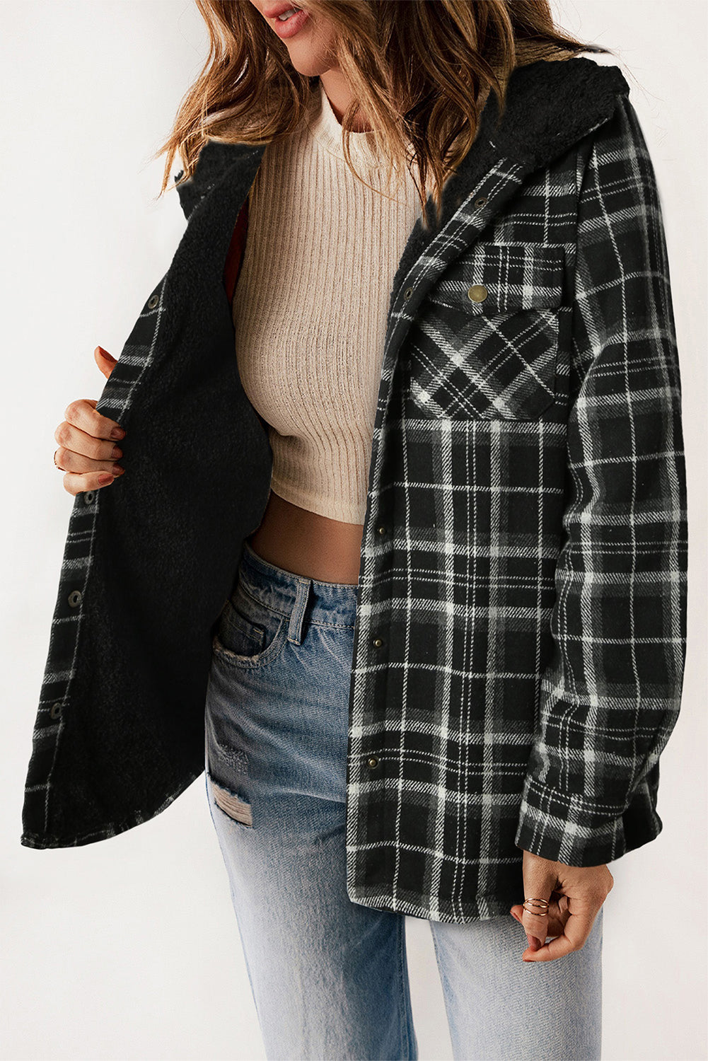 Orange Plaid Pattern Sherpa Lined Hooded Shacket