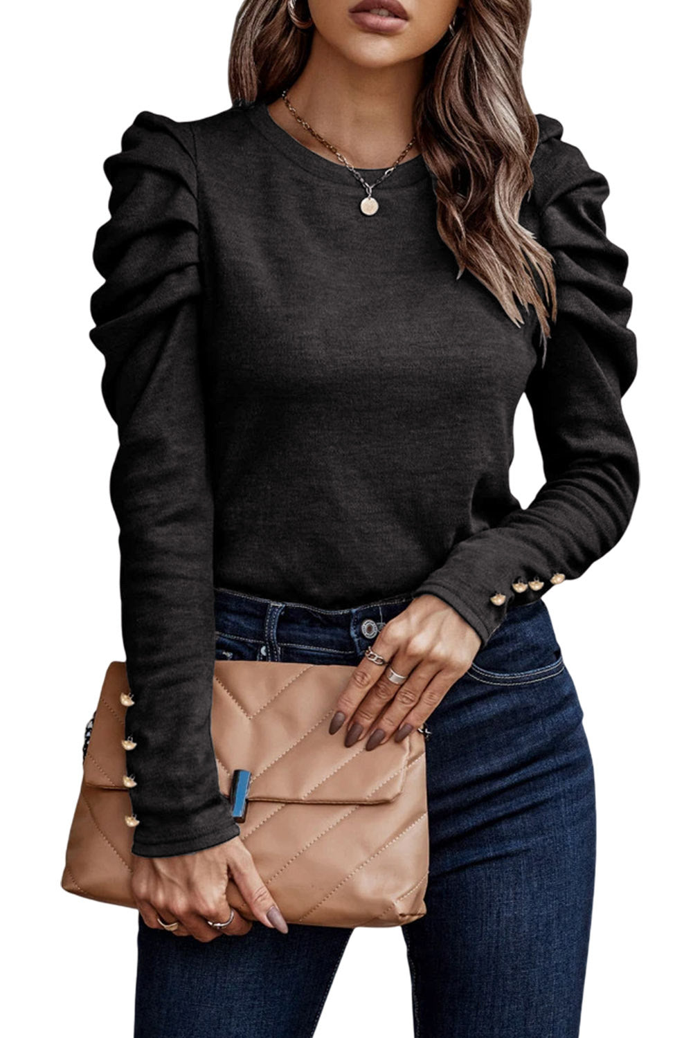 Gray Buttoned Puff Long Sleeve Sheath Top