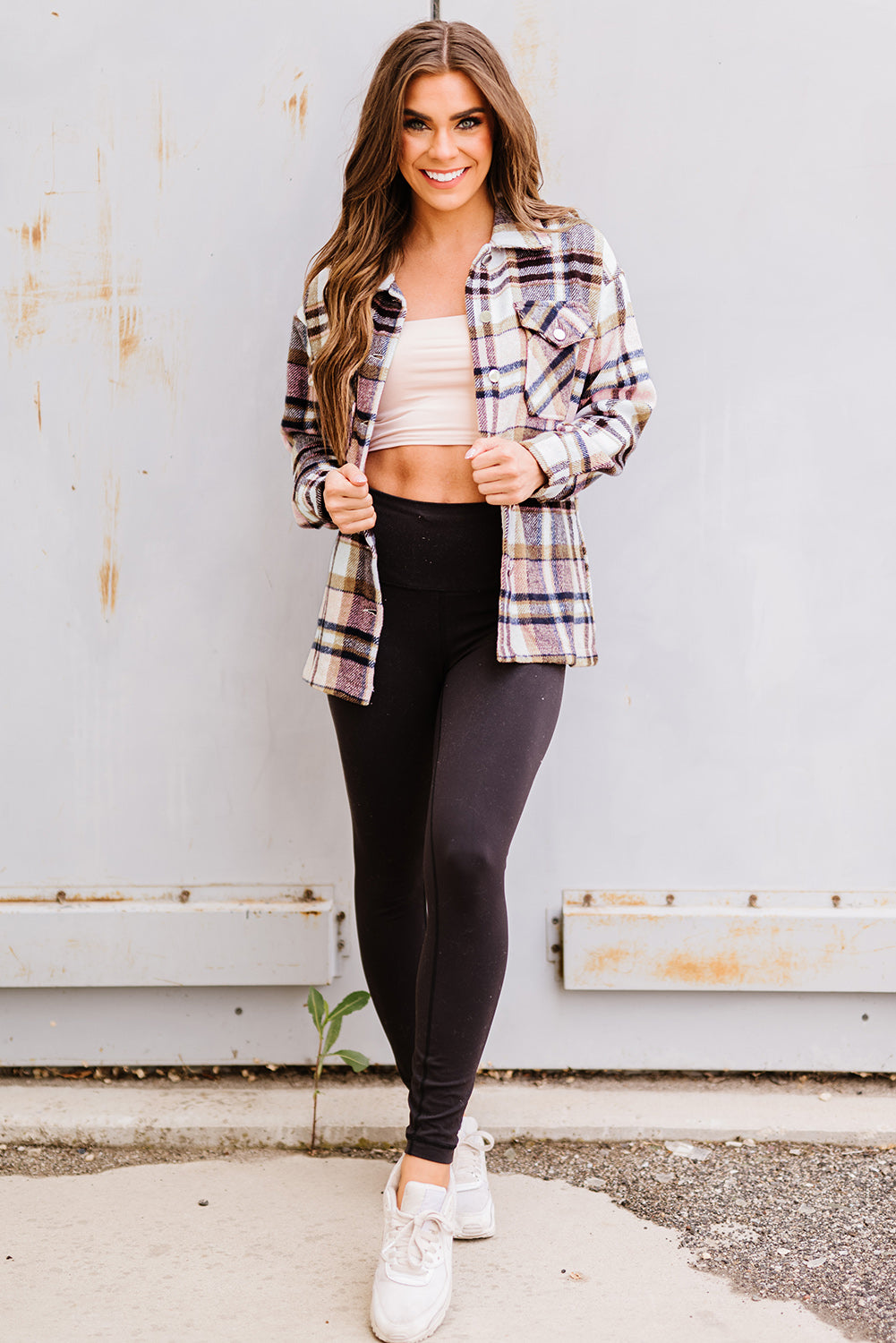 Navy Blue Plus Size Plaid Flap Pocket Shacket