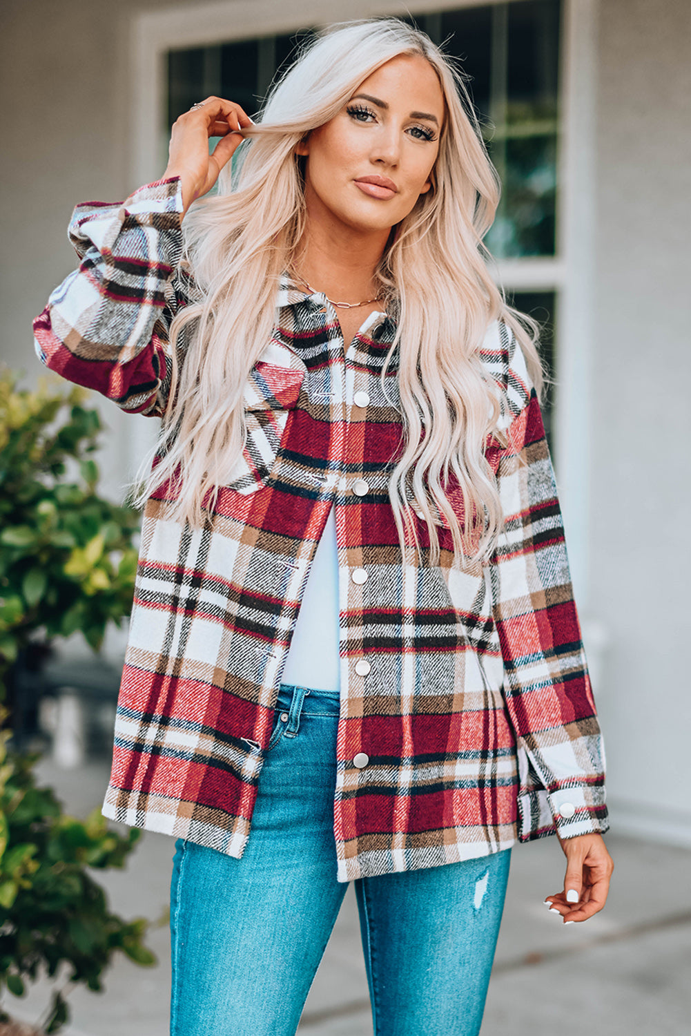 Navy Blue Plus Size Plaid Flap Pocket Shacket