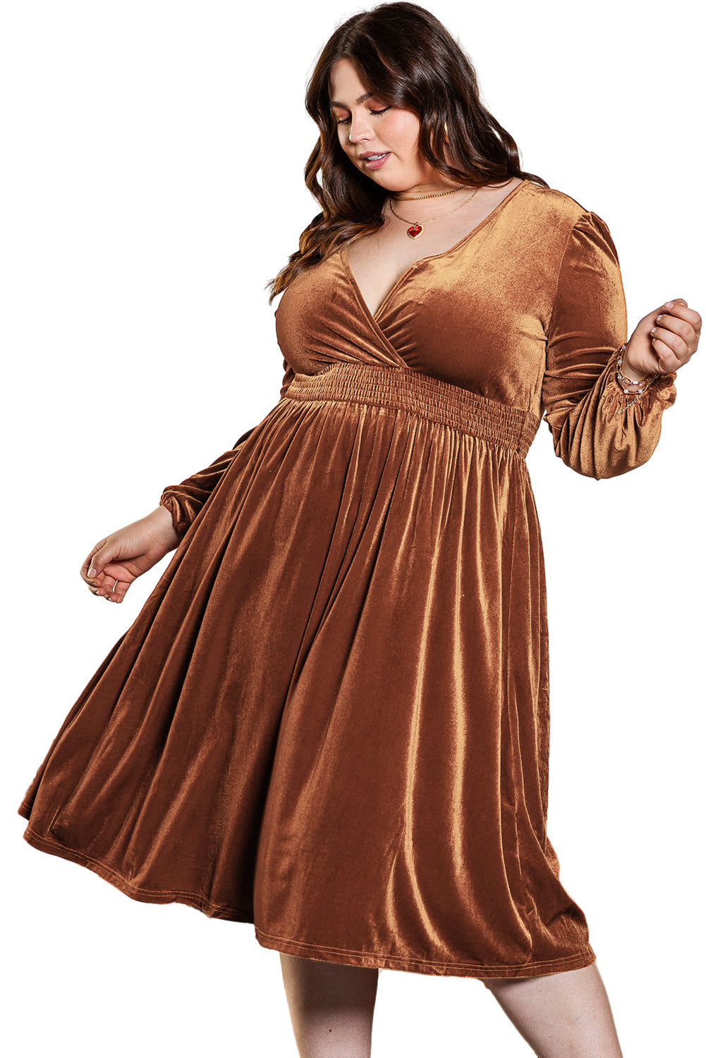 Camel Wrap V Neck Smocked High Waist Velvet Midi Dress