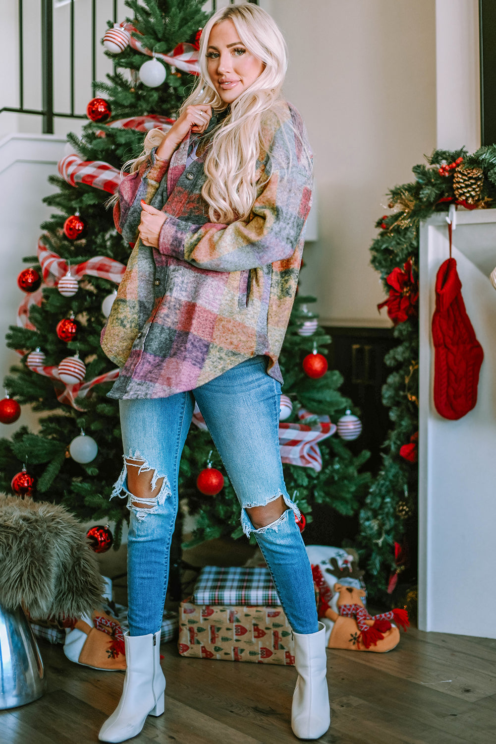 Multicolor Brushed Plaid Buttoned Pullover Oversized Hoodie