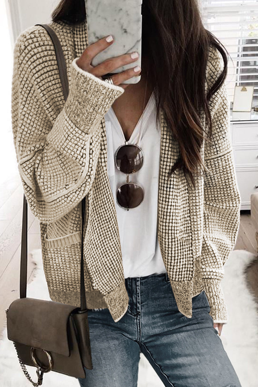 Gray Plaid Knitted Long Open Front Cardigan