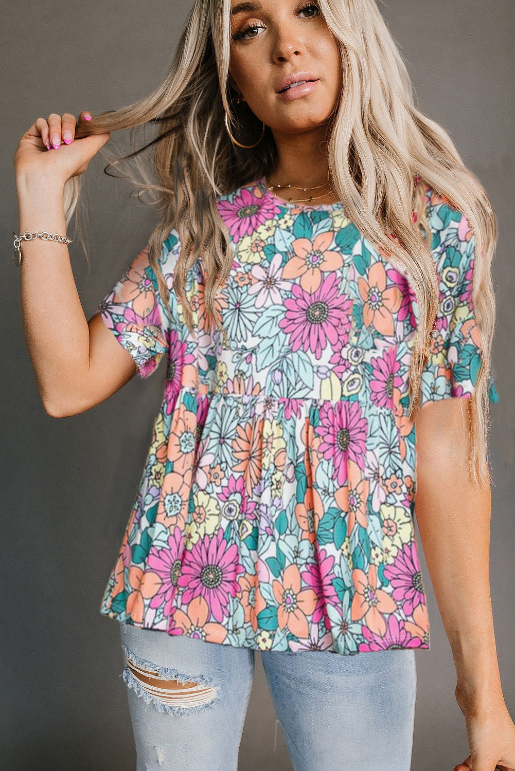 Multicolor Flower Print Pocketed Drawstring Waist Wide Leg Pants