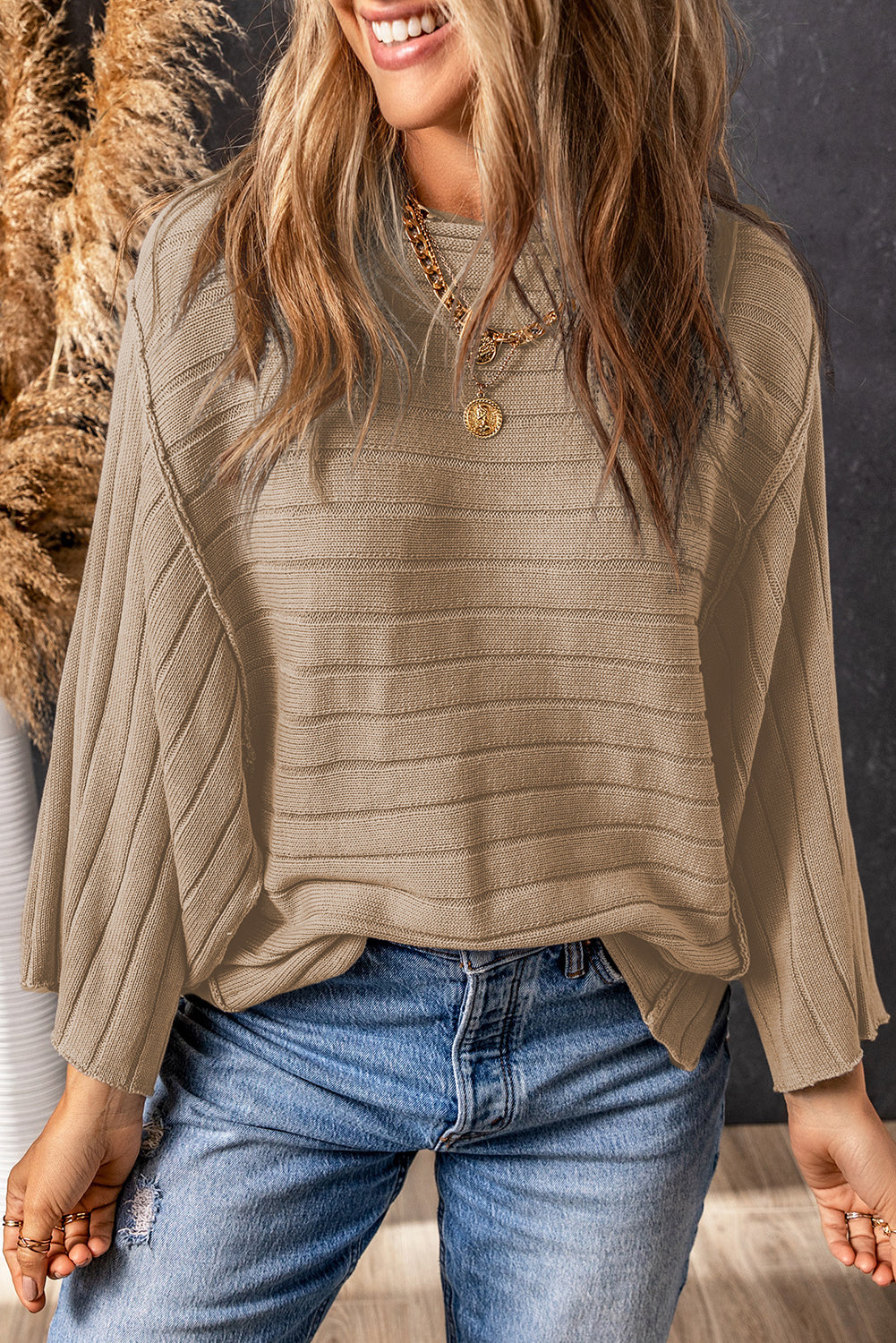 Black Exposed Seam Ribbed Knit Dolman Top