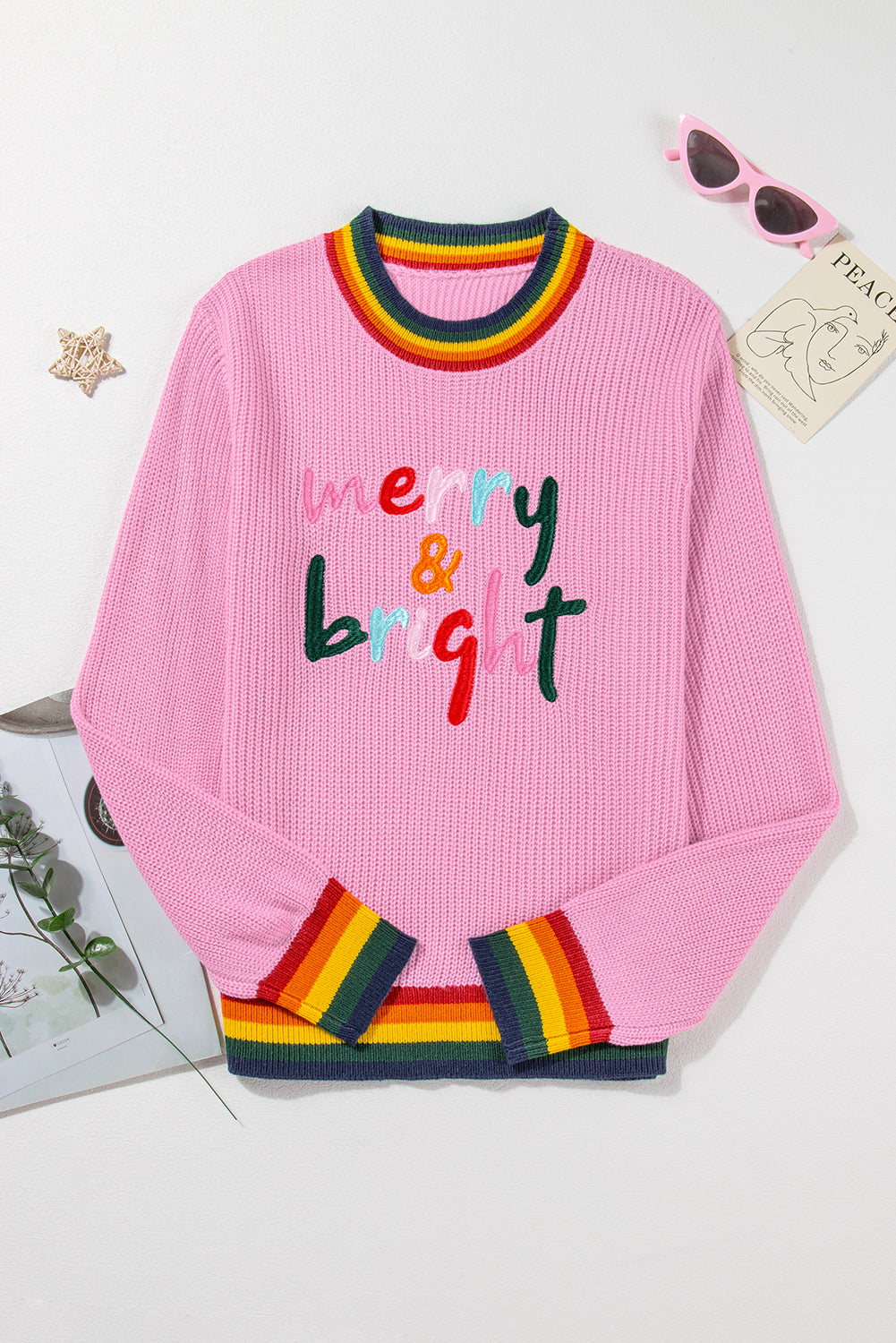 White Merry & Bright Colorful Stripes Trim Sweater