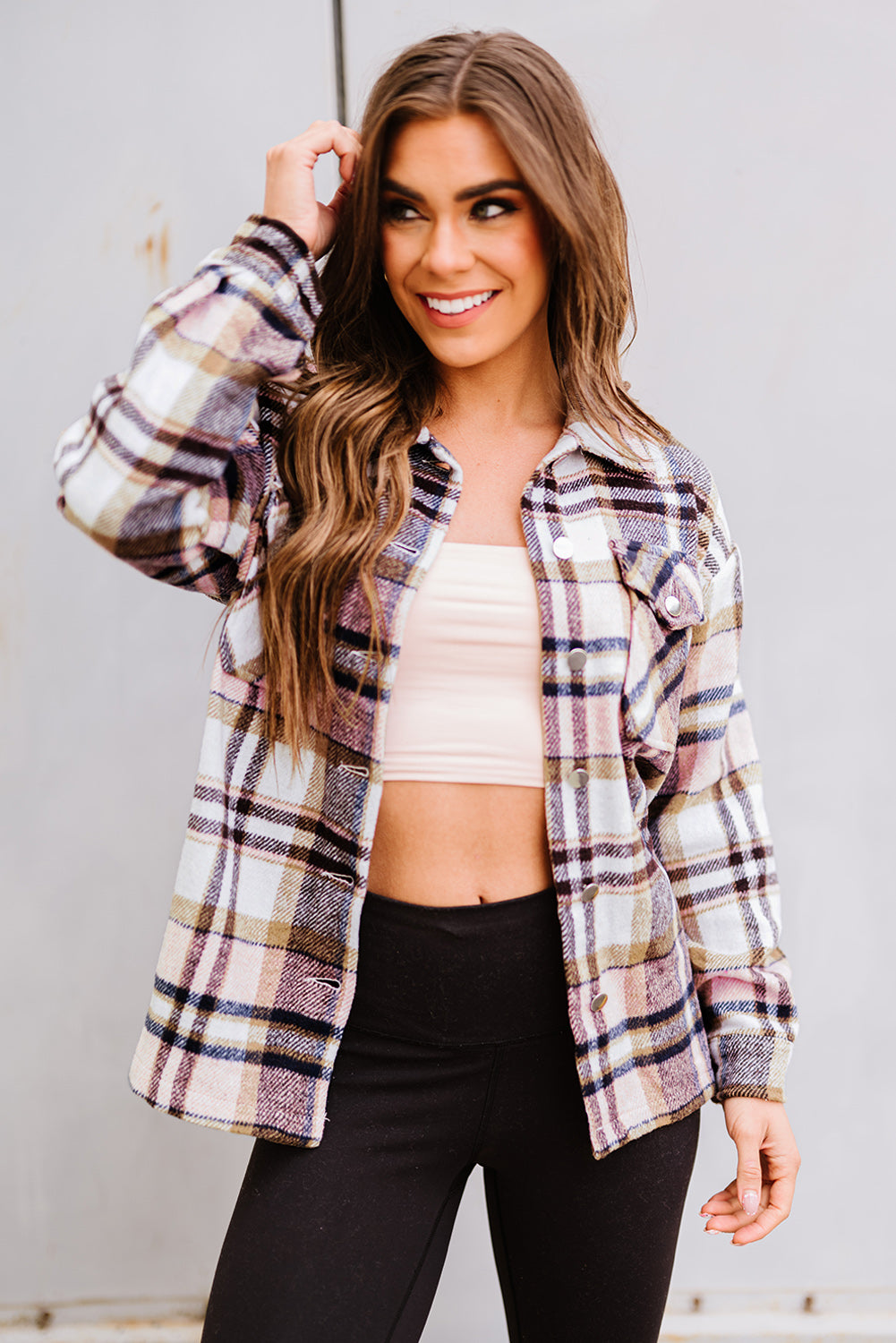 Navy Blue Plus Size Plaid Flap Pocket Shacket