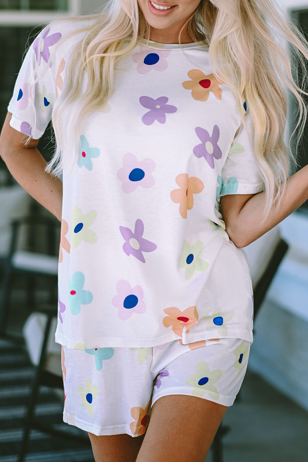 White Floral Long Sleeve Henley Top and Drawstring Shorts Set