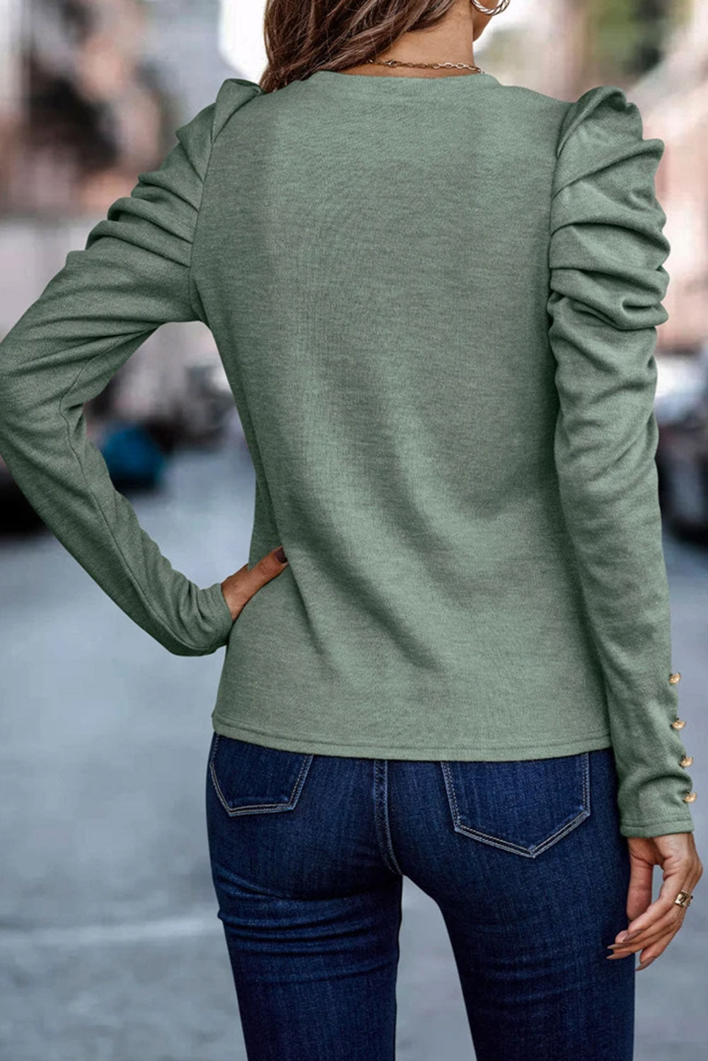 Gray Buttoned Puff Long Sleeve Sheath Top
