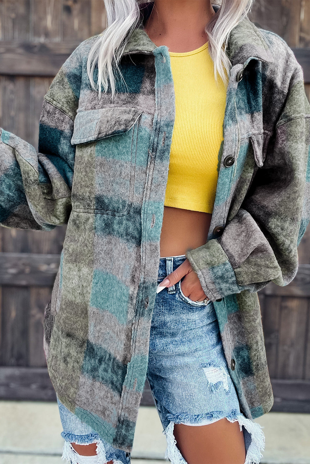 Multicolor Brushed Plaid Buttoned Pullover Oversized Hoodie