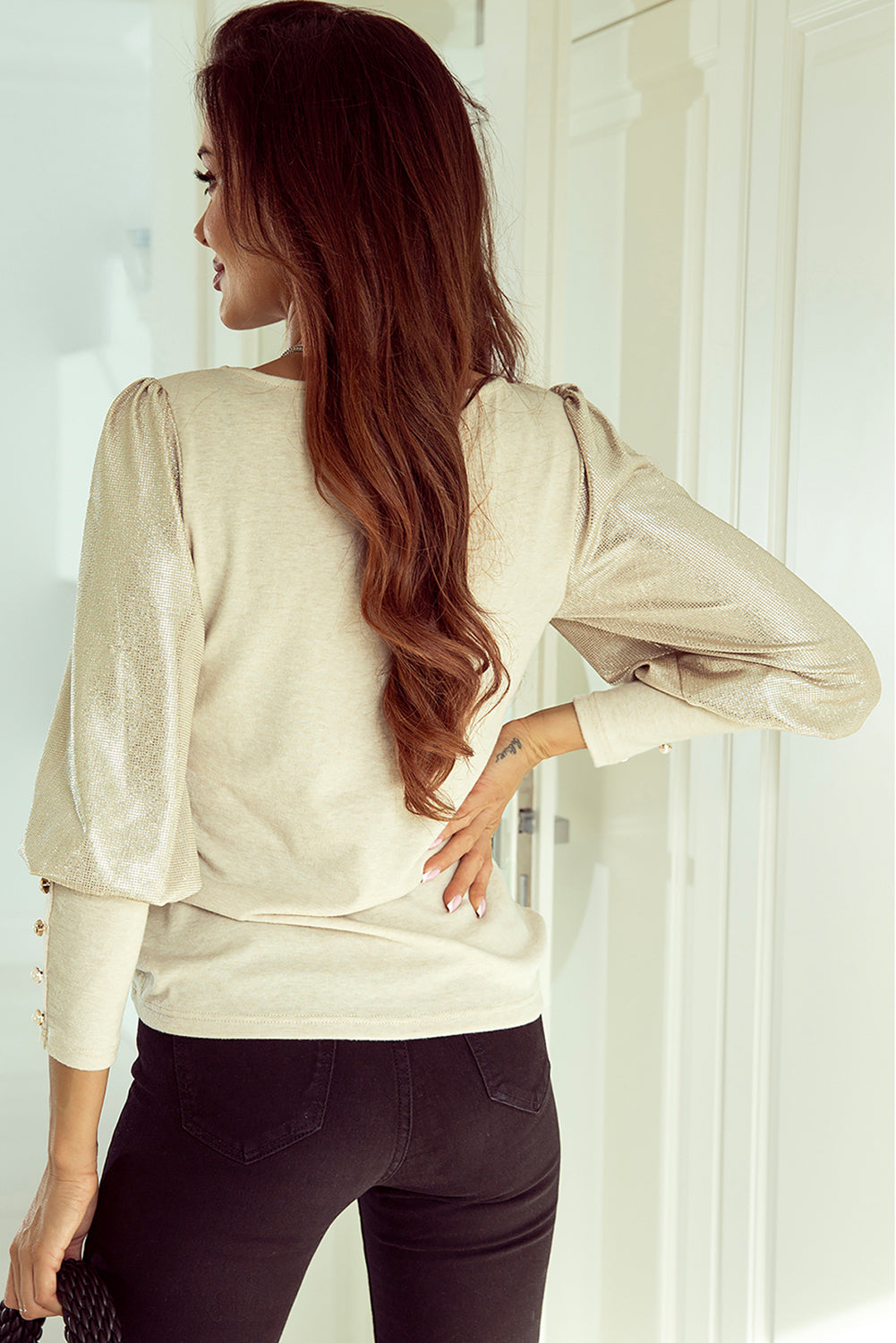Khaki Buttoned Cuffs Shiny Puff Sleeves Top