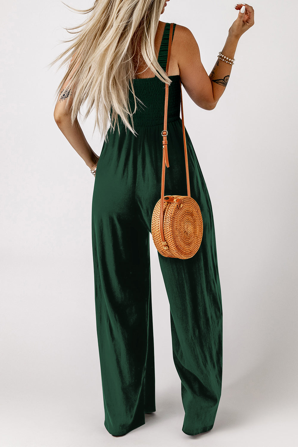 Black Smocked Square Neck Long Sleeve Wide Leg Jumpsuit
