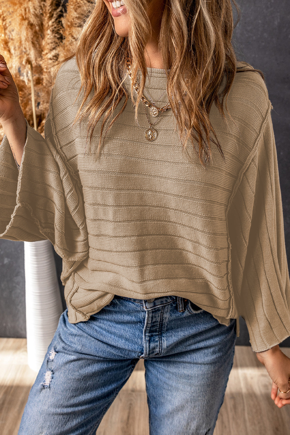 Black Exposed Seam Ribbed Knit Dolman Top