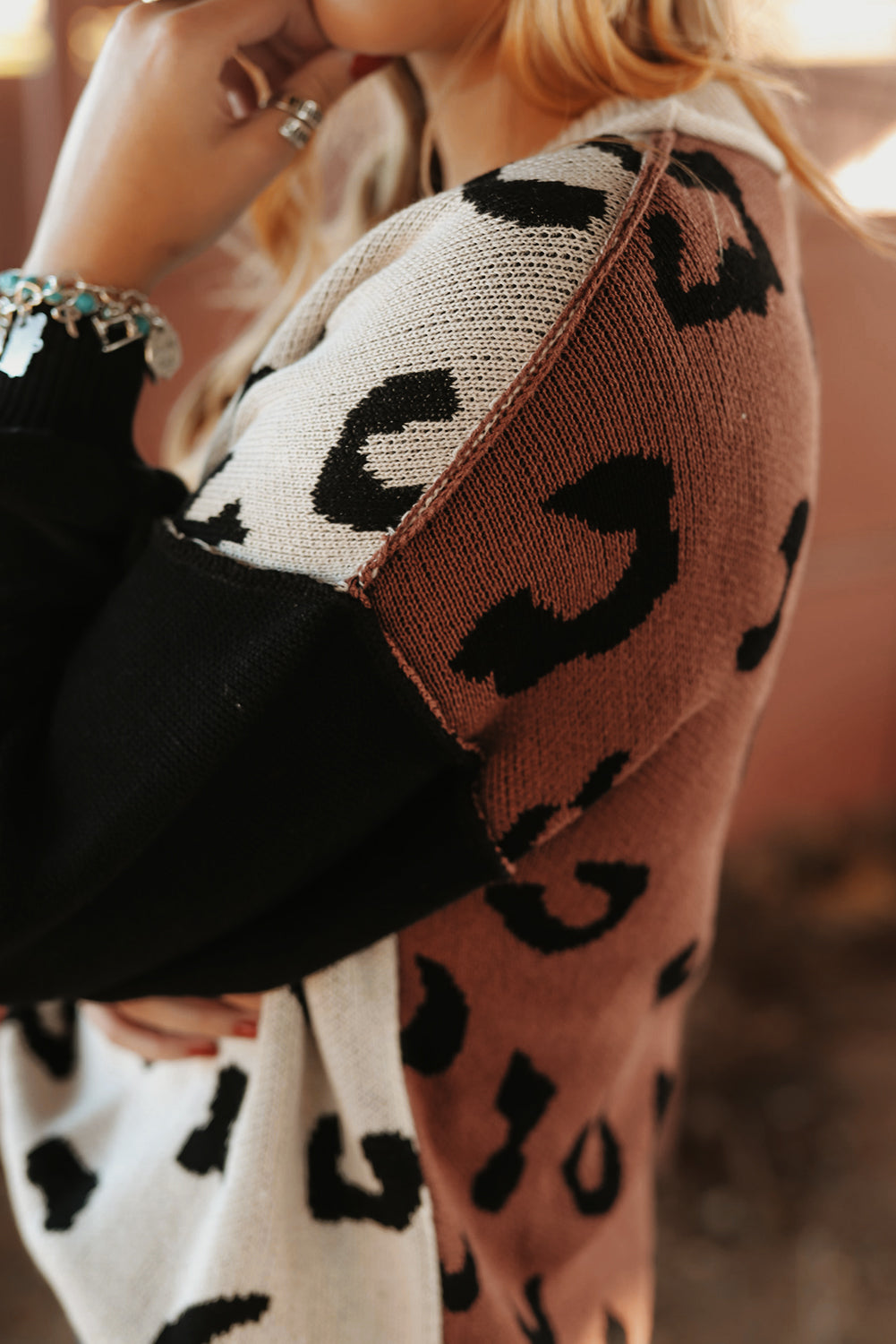 Coffee Colorblock Bishop Sleeve Ribbed Trim Sweater