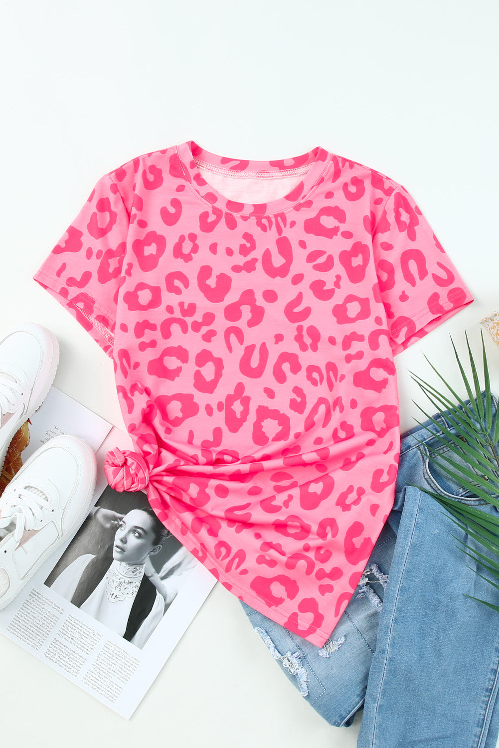 Pink Leopard Print Ankle-length High Waist Skinny Pants