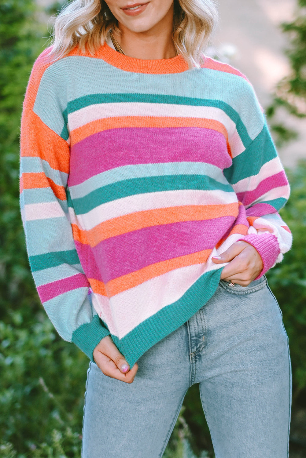 Multicolour Striped Knit Drop Shoulder Puff Sleeve Sweater