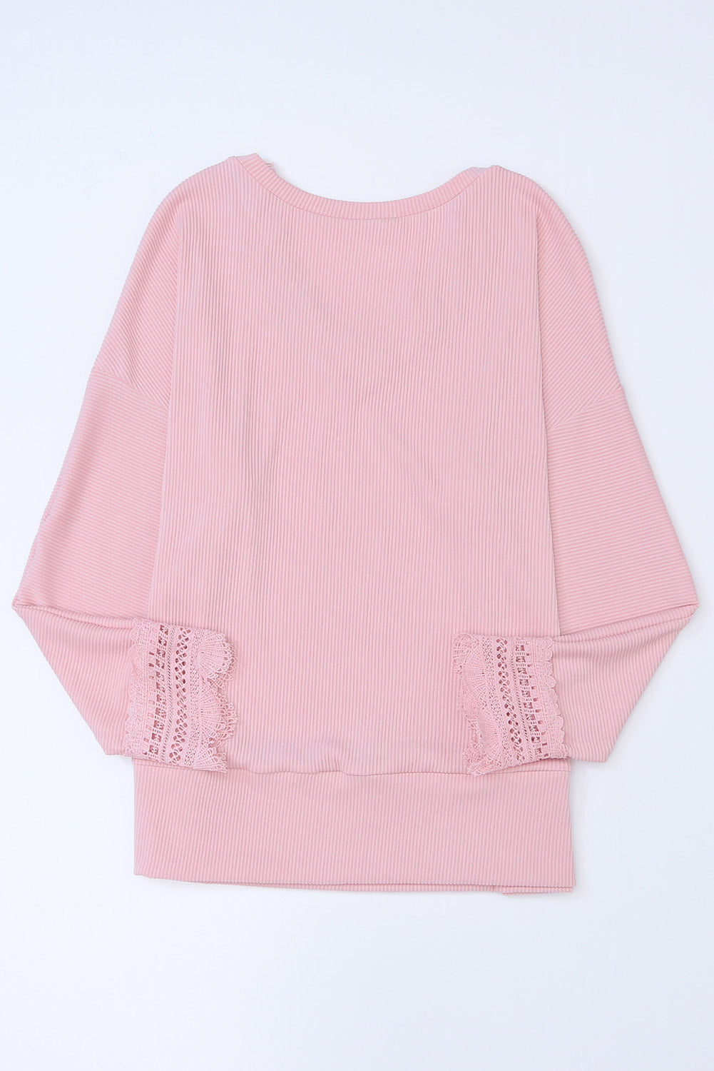 Black Ribbed Texture Lace Trim V Neck Long Sleeve Top