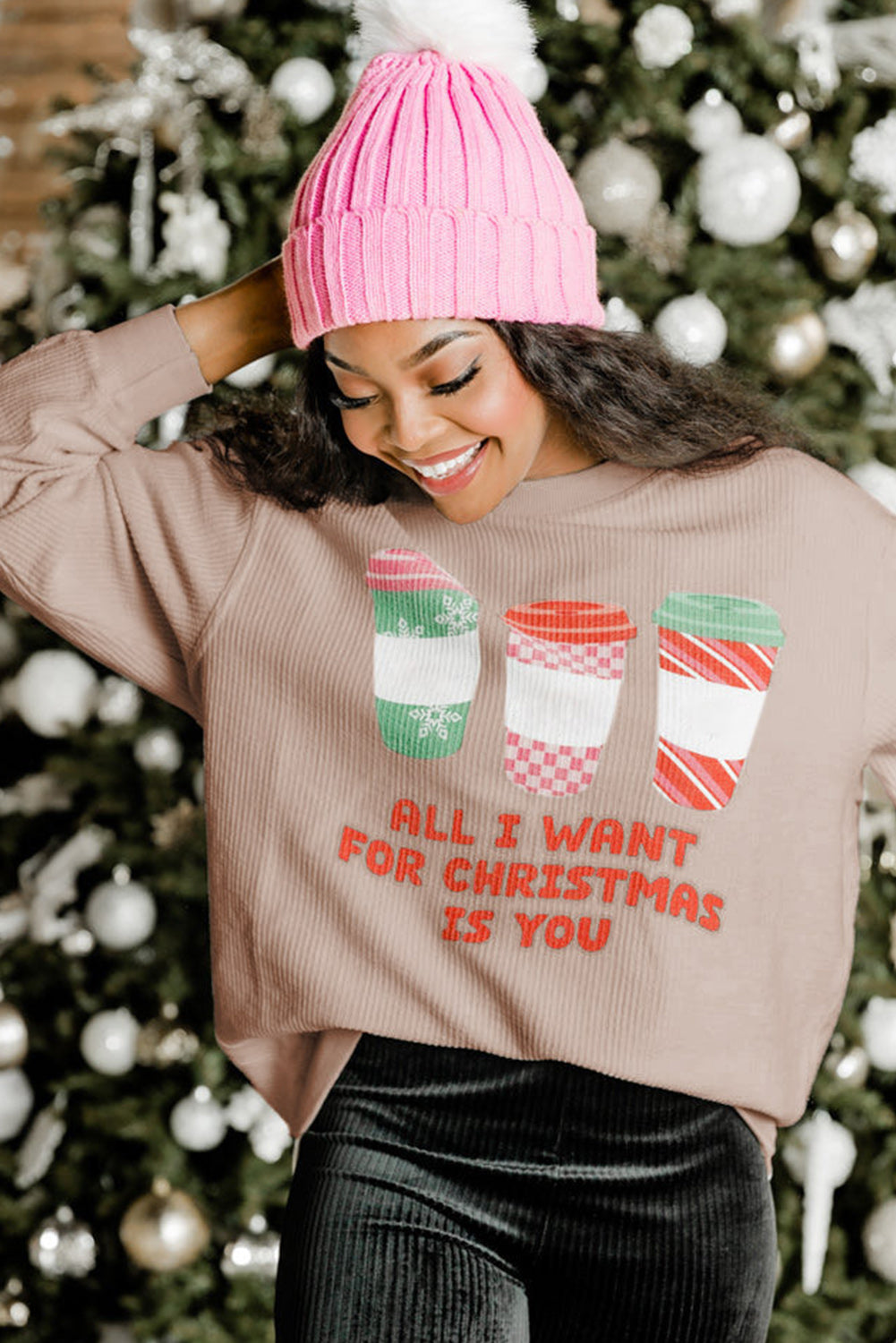 Strawberry Pink IN MY MERRY ERA Loose Fit Corded Sweatshirt