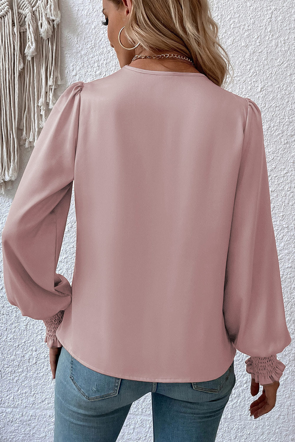 Khaki Solid Surplice Neck Shirred Cuffs Draped Blouse