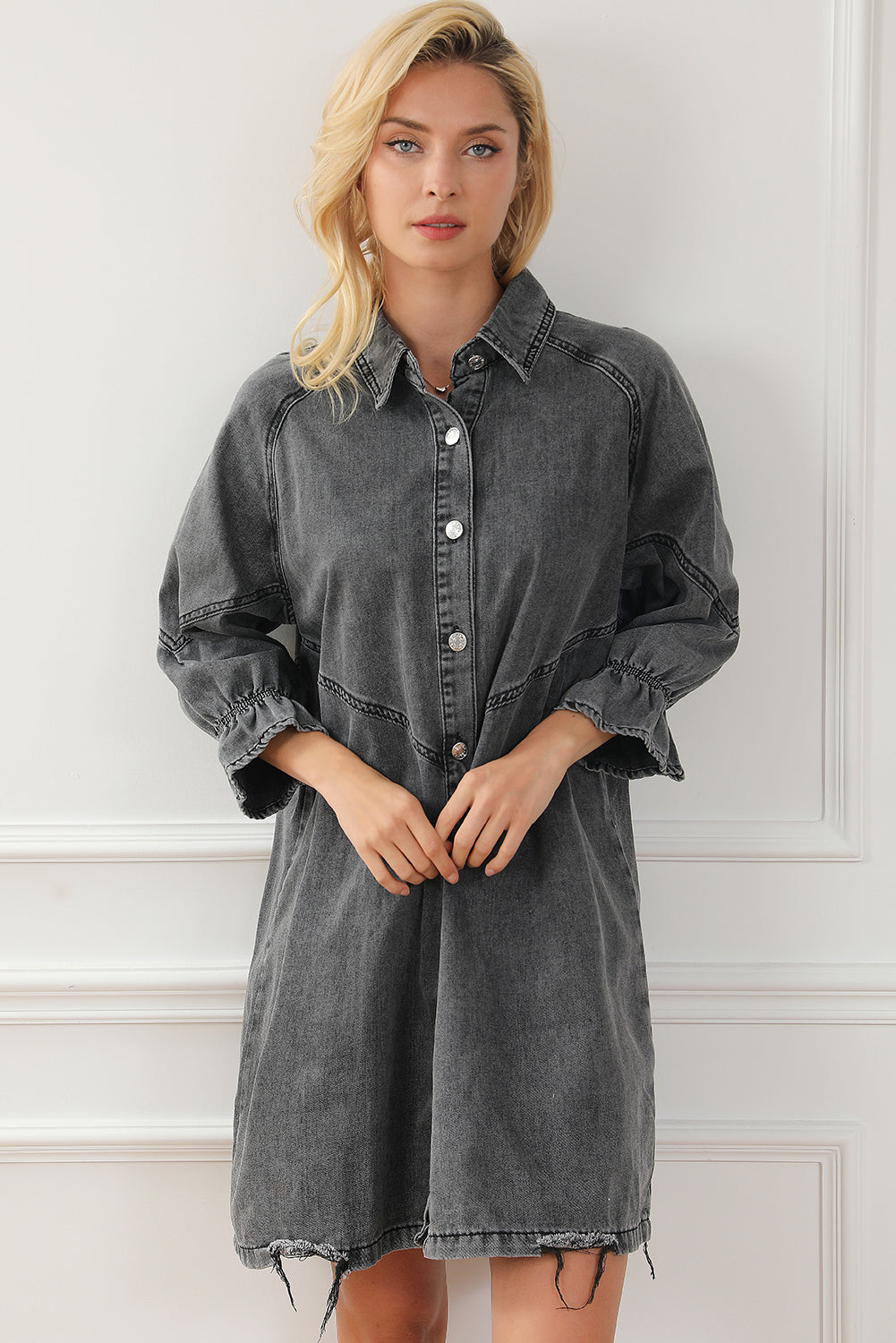 Gray Sequin Nutcracker Graphic Long Sleeve Shirt Denim Dress